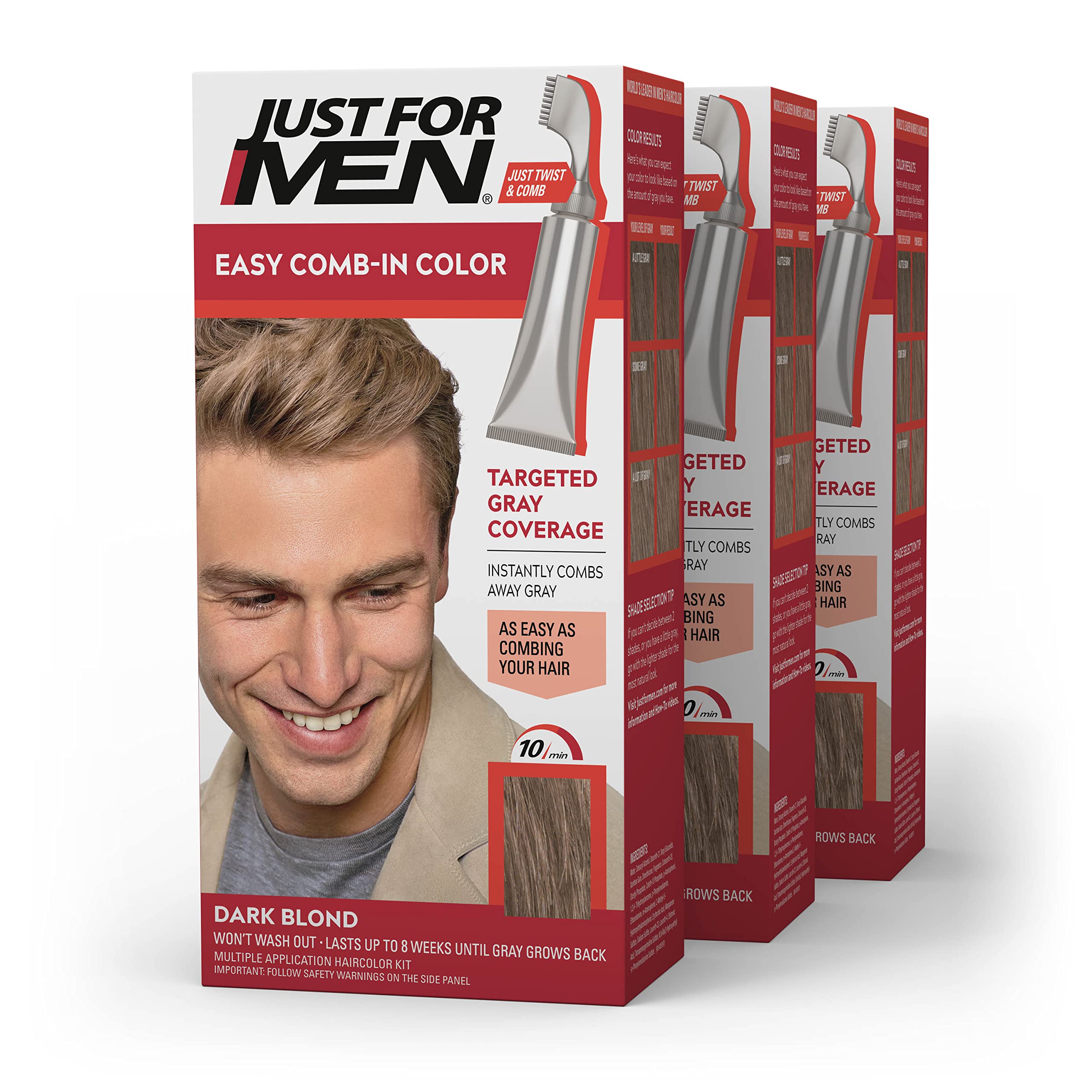 Just For Men Easy Comb-In Color Dark Blond tube for quick gray coverage.