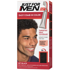Just For Men Easy Comb-In Color Jet Black tube for quick at-home gray coverage.