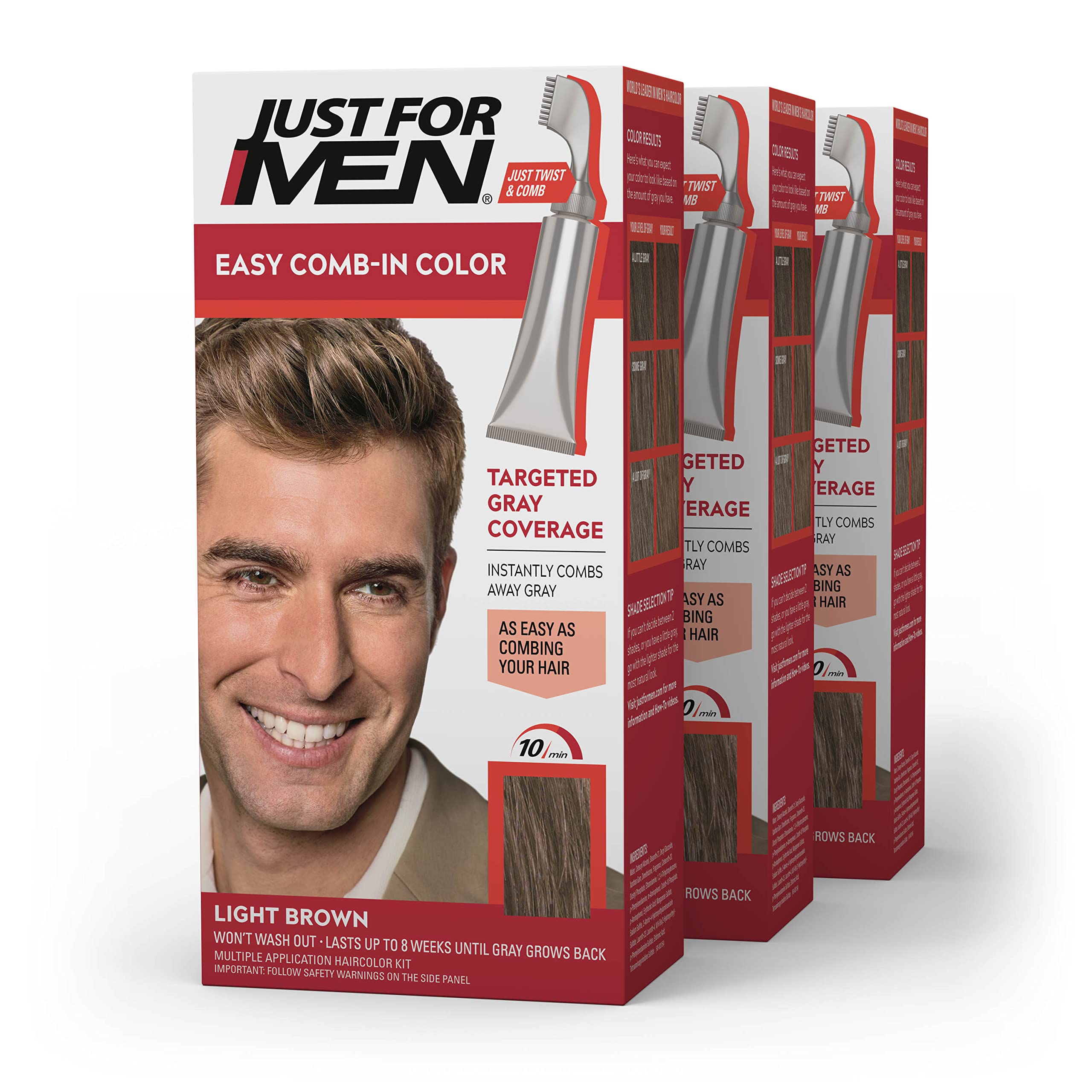 Just For Men Easy Comb-In Color light brown tube with pre-mixed gray coverage.