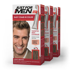 Just For Men Easy Comb-In Color light brown tube with pre-mixed gray coverage.