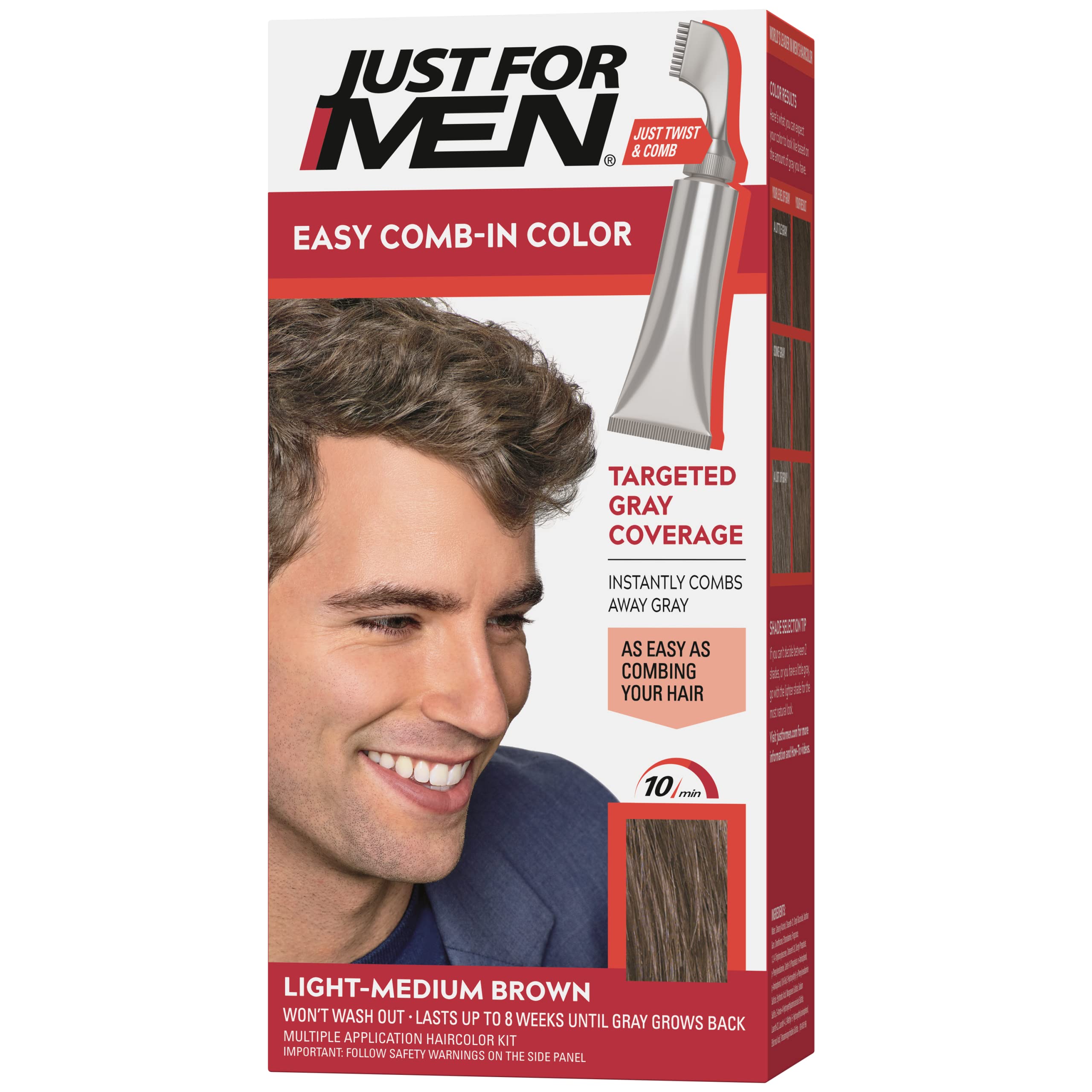 Just For Men Easy Comb-In Color Light-Medium Brown applied with comb for natural gray coverage