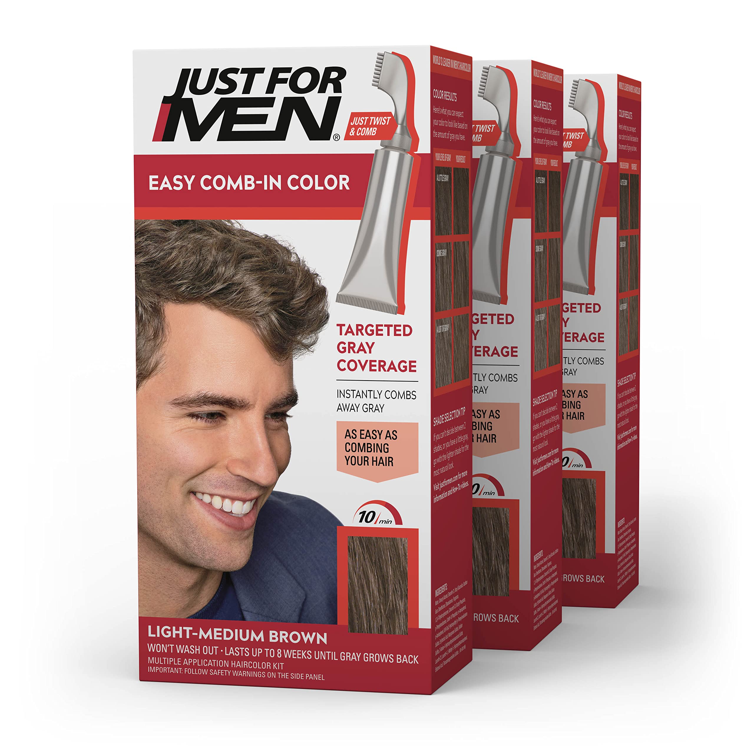 Just For Men Easy Comb-In Color Light-Medium Brown tube for gray coverage.