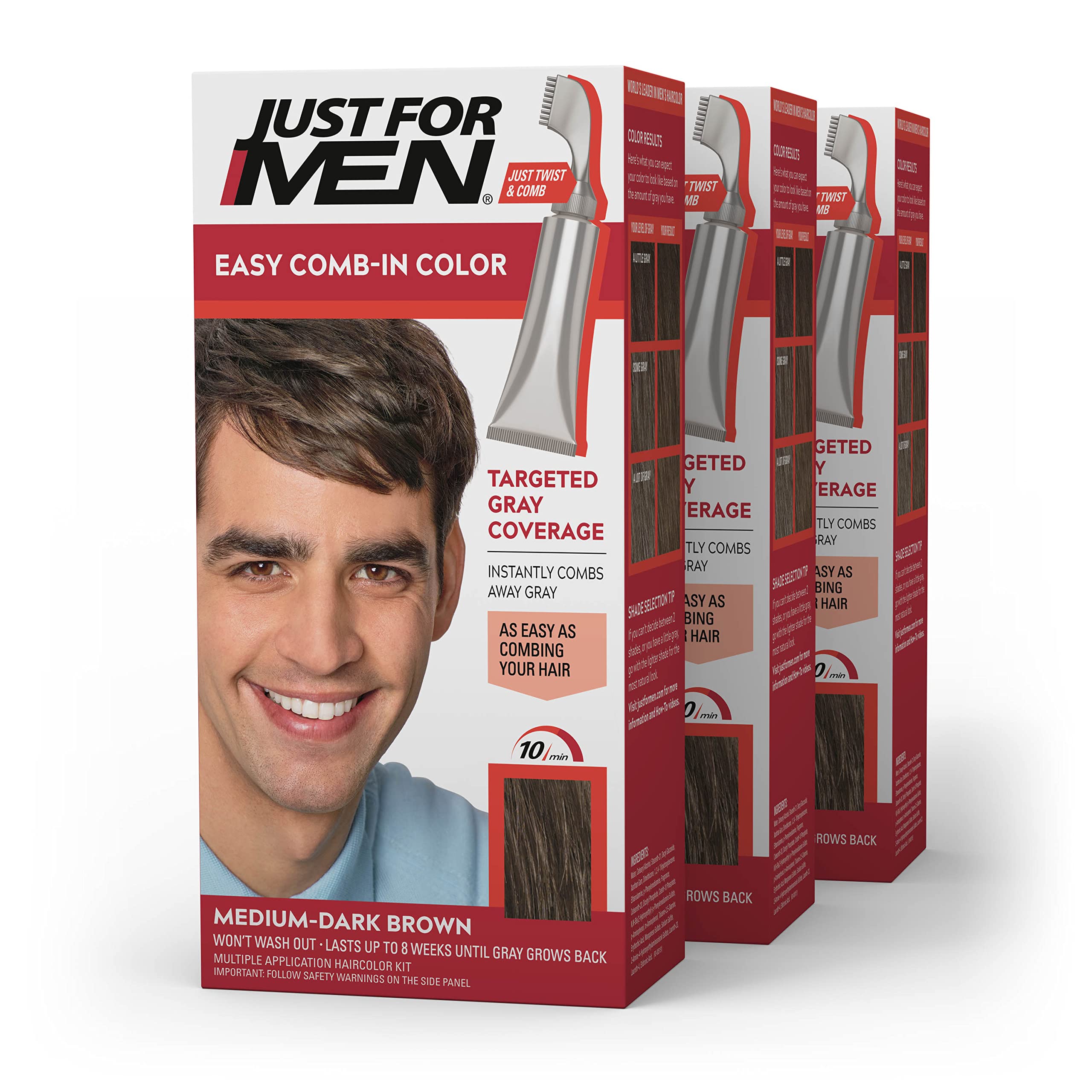 Just For Men Easy Comb-In Color medium-dark brown tube for quick gray coverage.