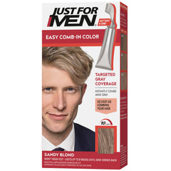 Just For Men Easy Comb-In Color Sandy Blond packaging with built-in comb applicator for easy gray coverage.
