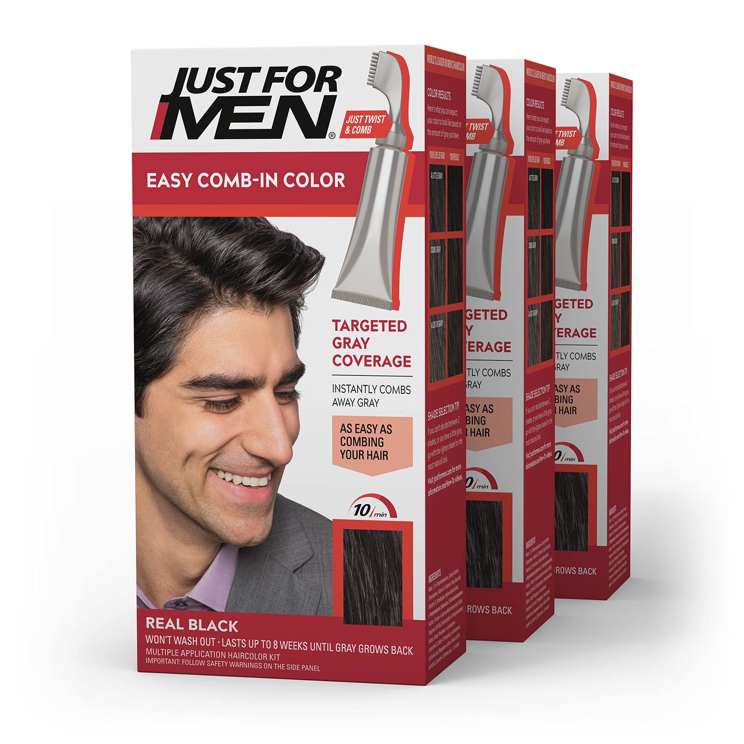 Just For Men Easy Comb-In Color Real Black A-55 pack shot for quick gray coverage.
