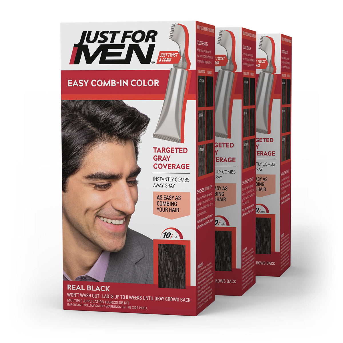Just For Men Easy Comb-In Color Real Black A-55 pack shot for quick gray coverage.
