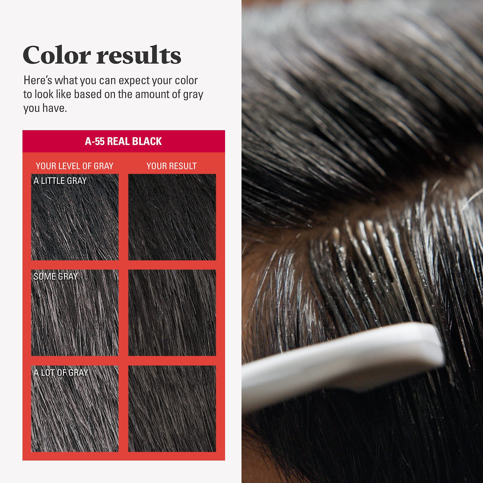 Just For Men Easy Comb-In Color Real Black A-55 shade range highlights options.