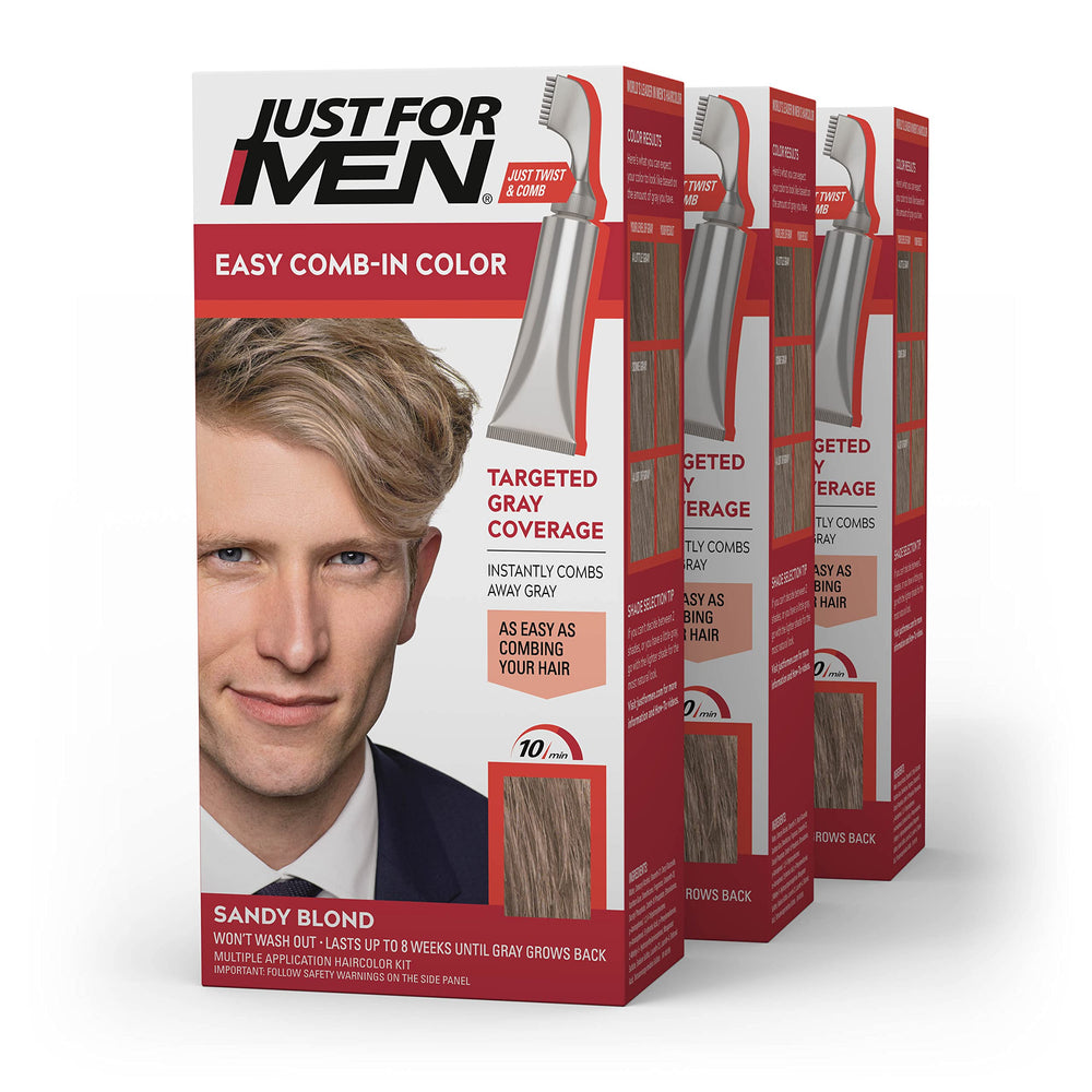 Just For Men Easy Comb-In Color Sandy Blond tube for quick gray coverage.