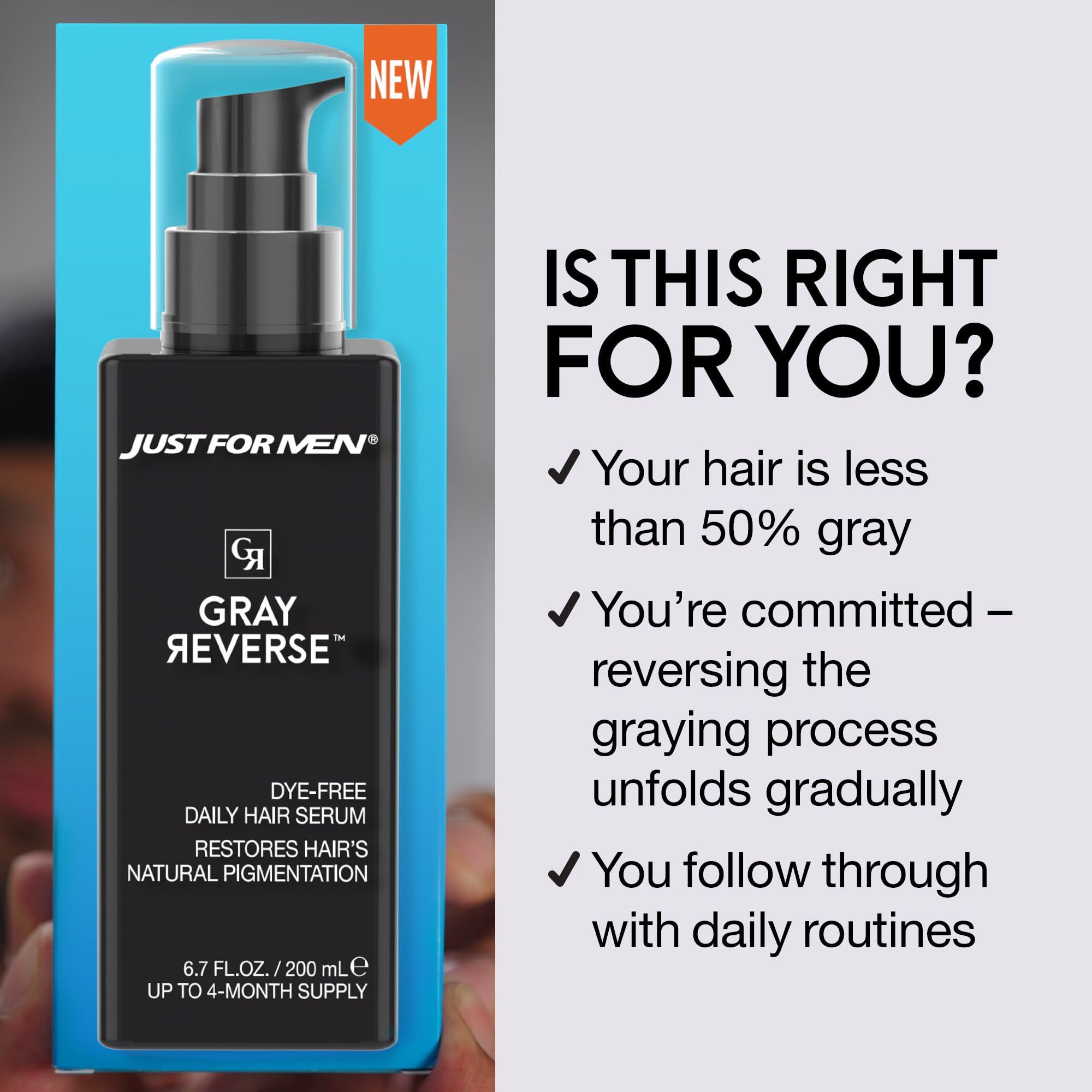 Just for Men Gray Reverse Serum application on hair and scalp for daily use.