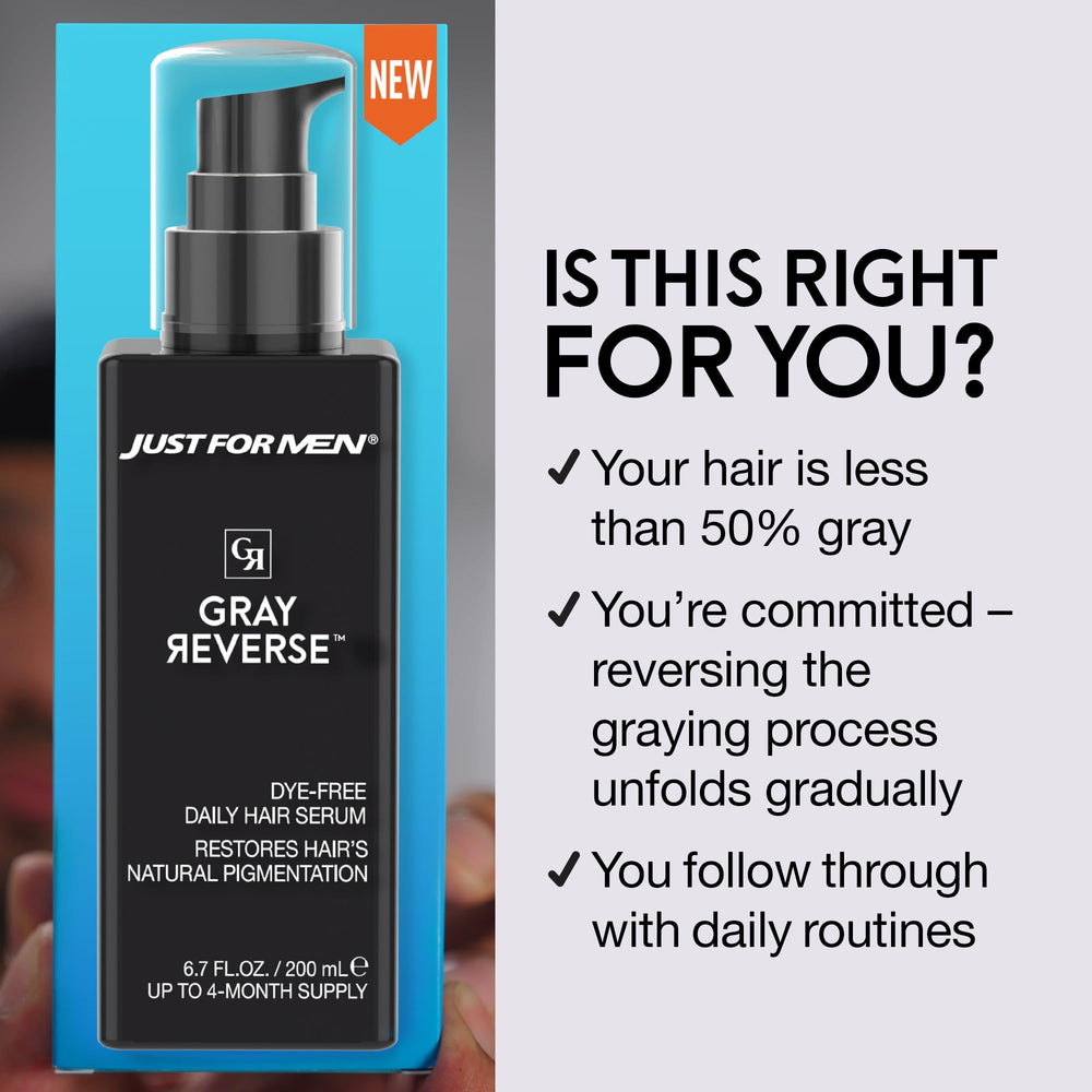Just for Men Gray Reverse Serum application on hair and scalp for daily use.