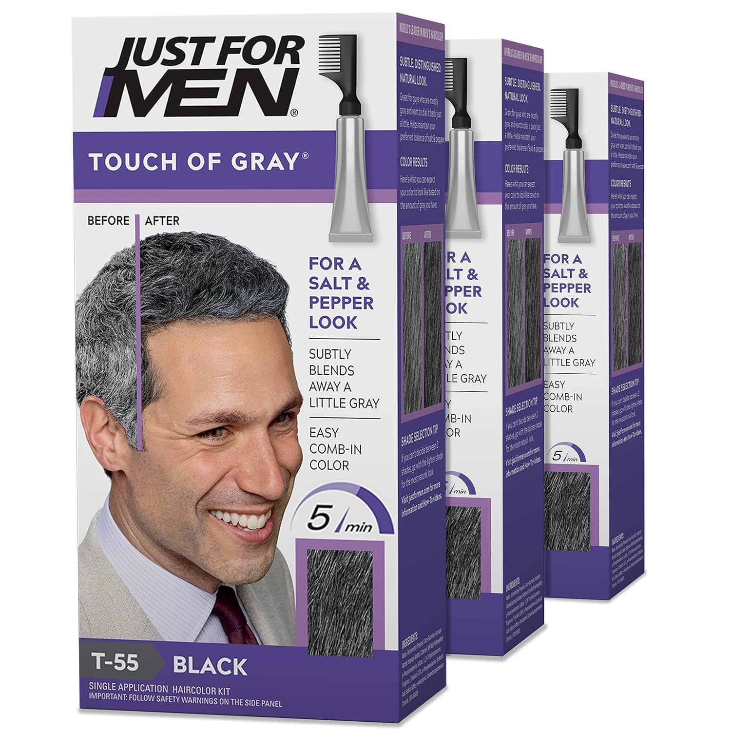 Just for Men Hair Color Touch of Gray Black-Gray 3-pack box for home color convenience.
