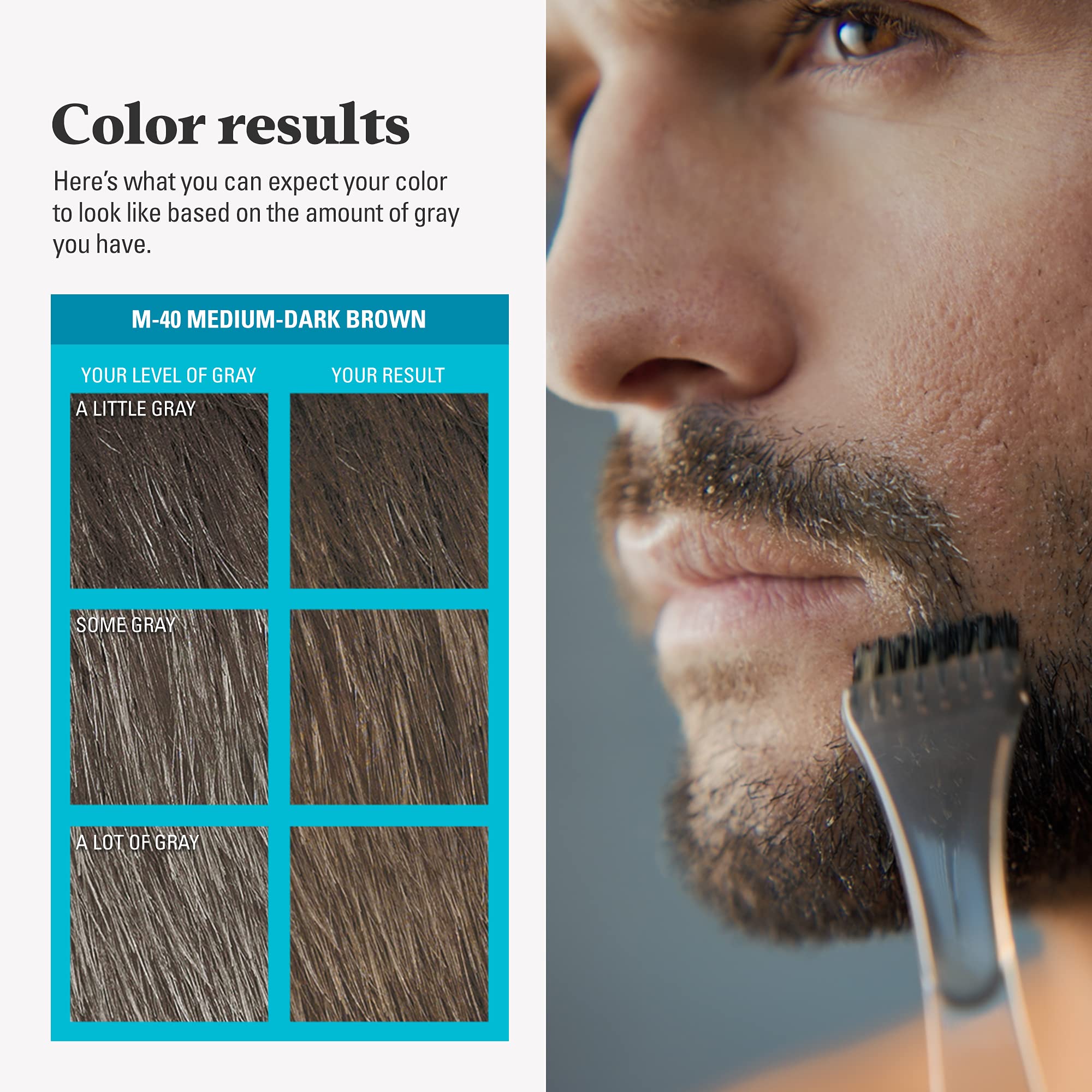 Just For Men Mustache & Beard before-and-after spotlight shows natural-looking results.