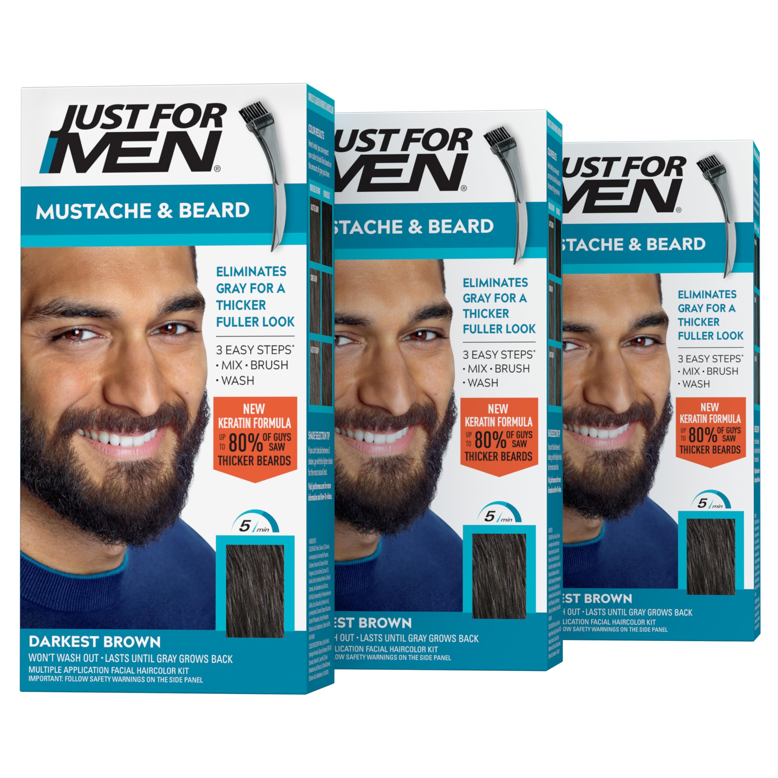 Just For Men Mustache & Beard brush-in application for quick gray coverage.