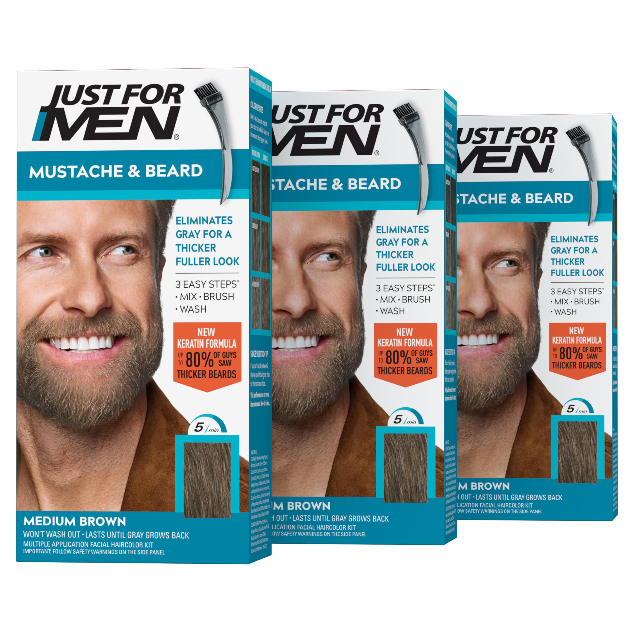 Just For Men mustache and beard color kit in a 3-pack for easy gray coverage.
