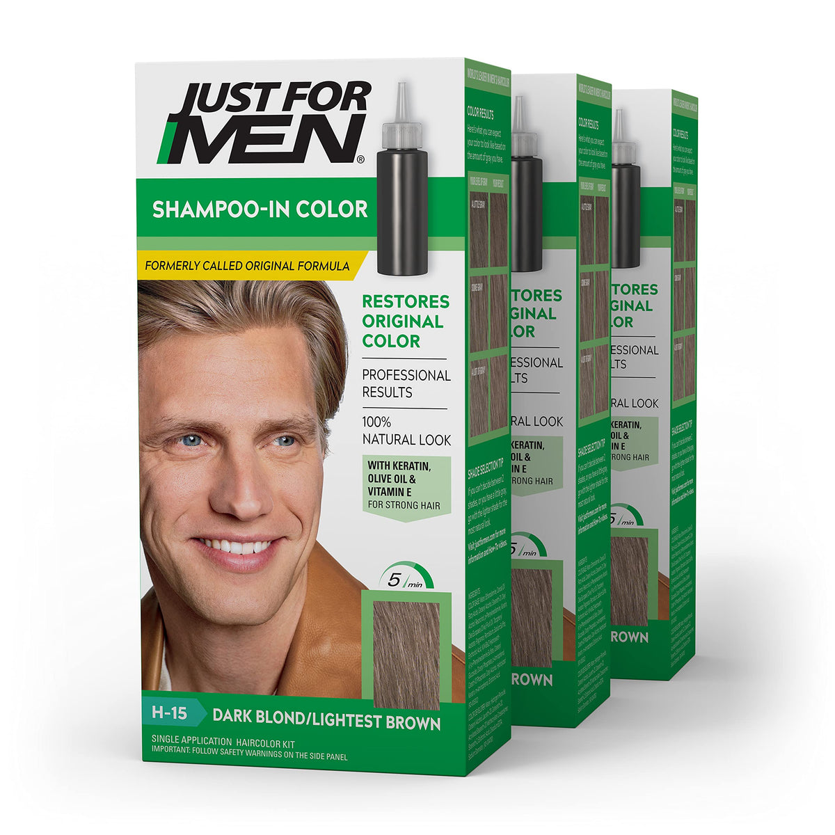 Just For Men Shampoo-In Color box front showing shade H-15 for gray coverage