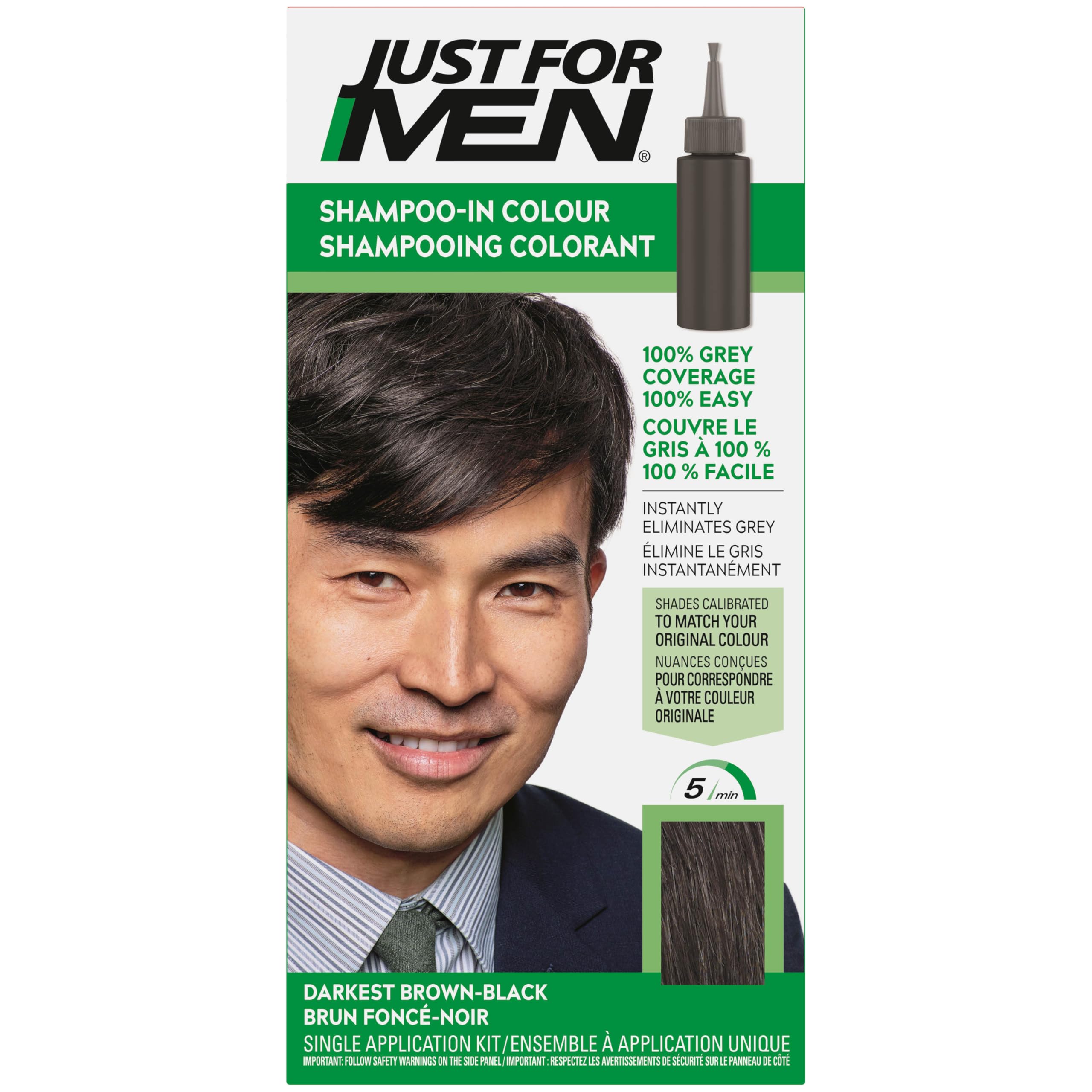 Just For Men Shampoo-In Color bottle pouring over gray hair for natural coverage.