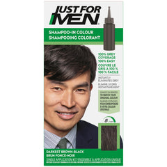 Just For Men Shampoo-In Color bottle pouring over gray hair for natural coverage.