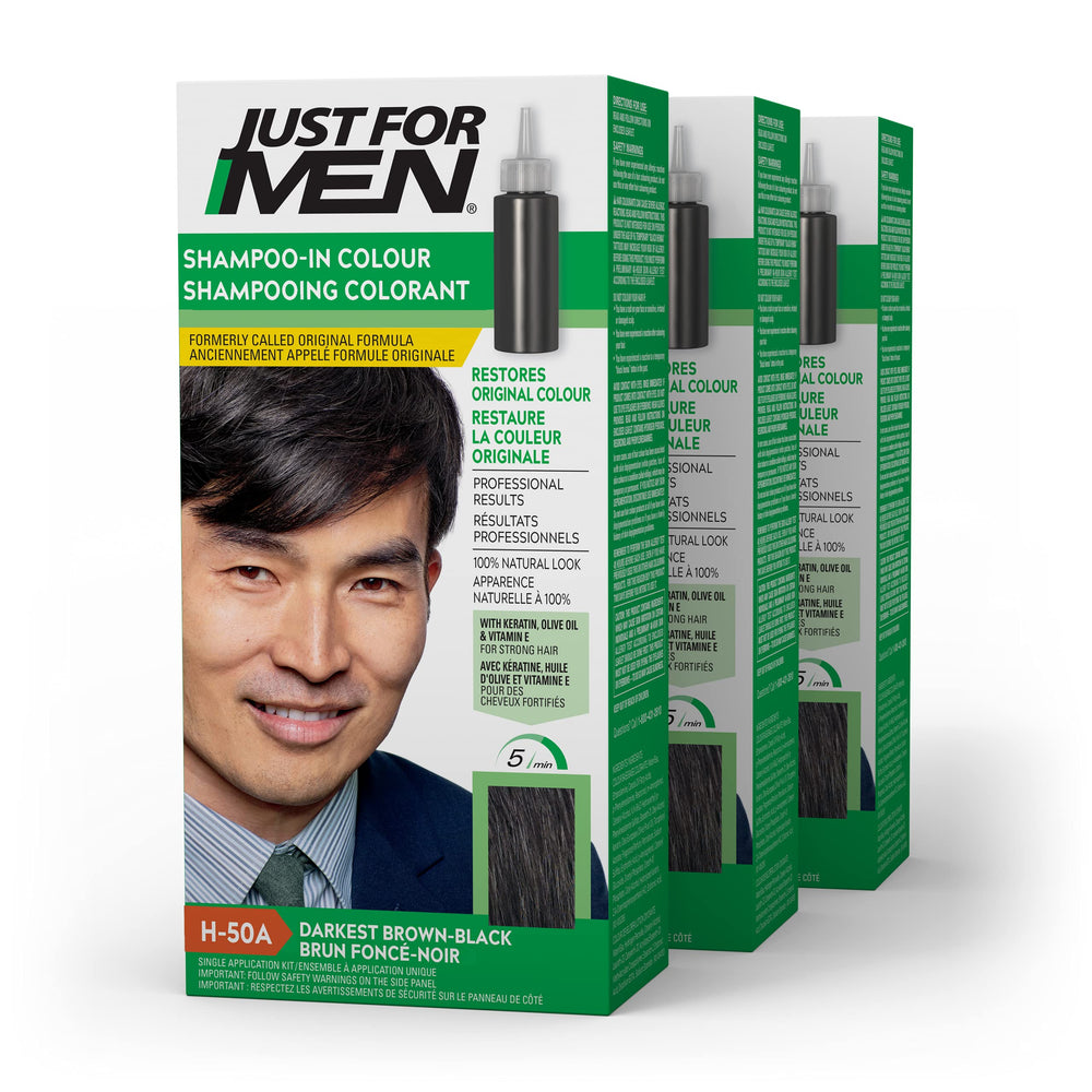 Just For Men Shampoo-In Color bottle pour for quick, natural gray coverage.