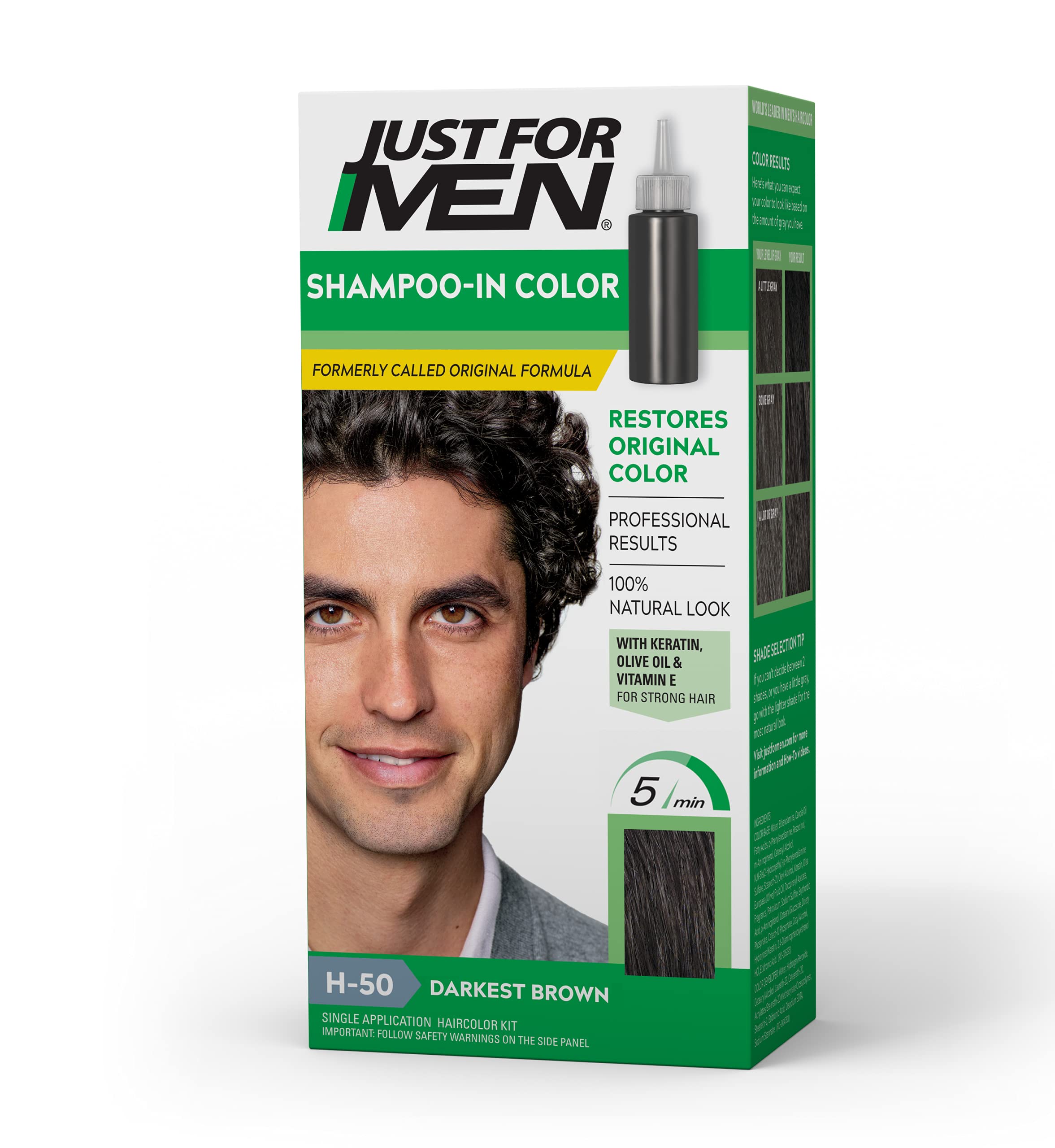 Just For Men Shampoo-In Color Darkest Brown bottle pouring for gray coverage