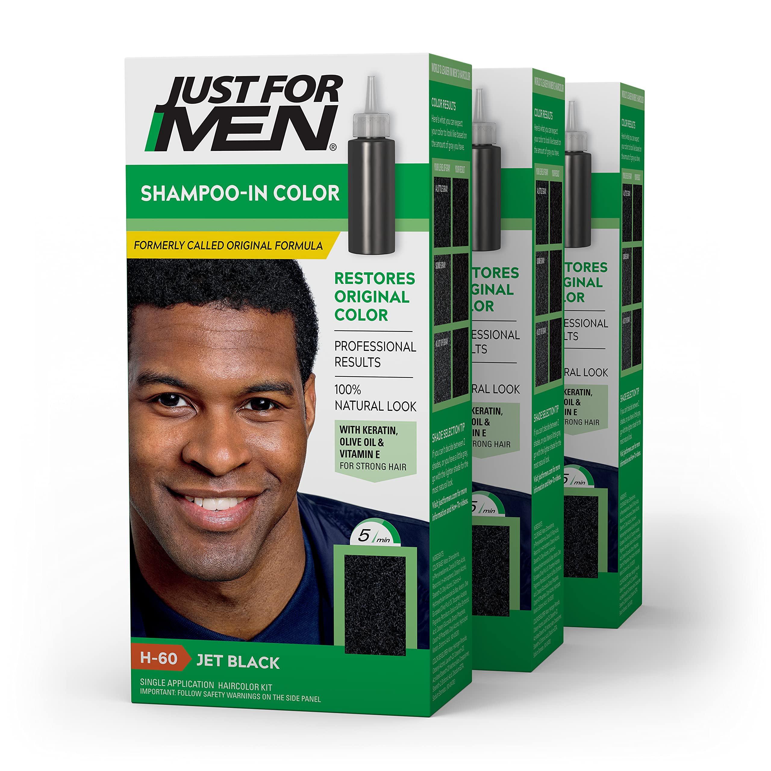 Just For Men Shampoo-In-Color Jet Black bottle for quick, natural-looking gray coverage.