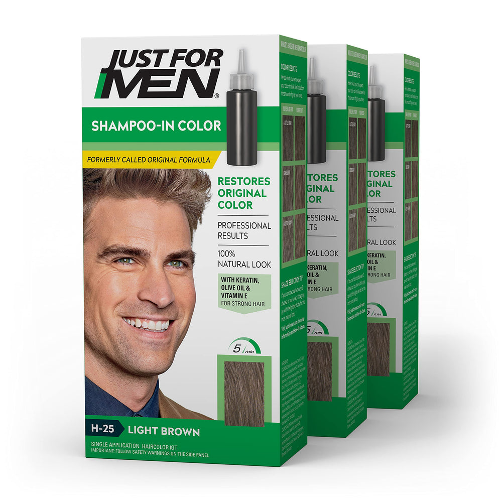 Just For Men Shampoo-In-Color light brown bottle ready for quick gray coverage