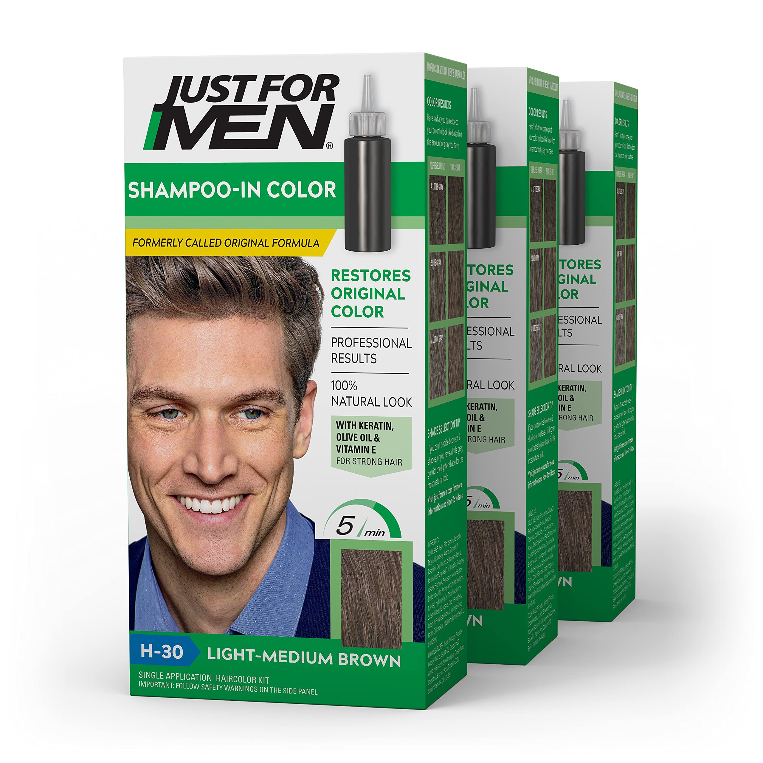 Just For Men Shampoo-In-Color light-medium-brown shade for natural gray coverage that lasts.