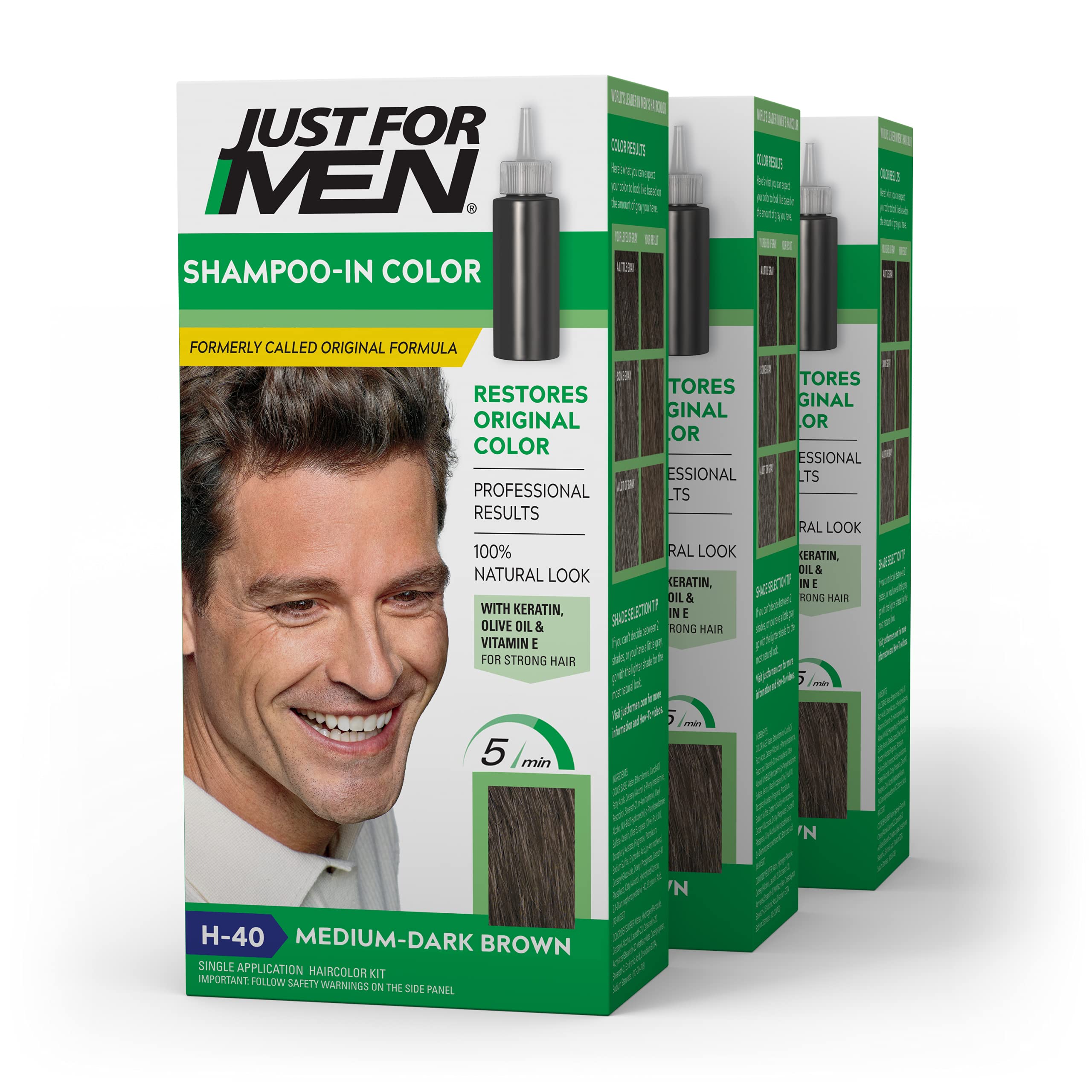 Just For Men Shampoo-In Color pack with three applications for gray coverage.
