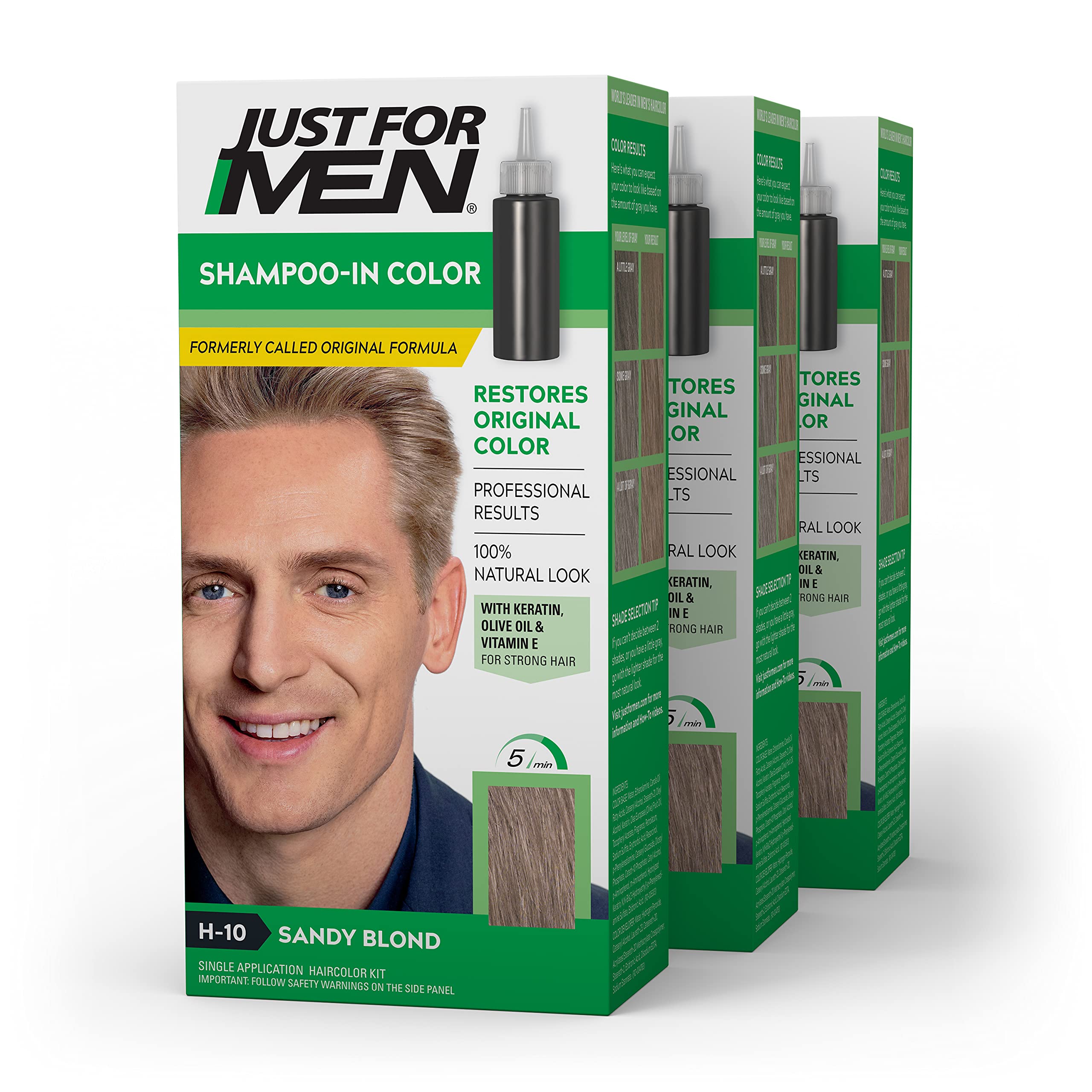 Just For Men Shampoo-In Color Sandy Blond packaging showing the 3-pack box set