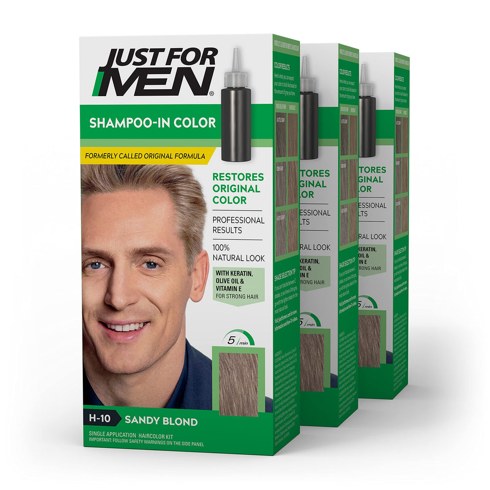 Just For Men Shampoo-In Color Sandy Blond packaging showing the 3-pack box set