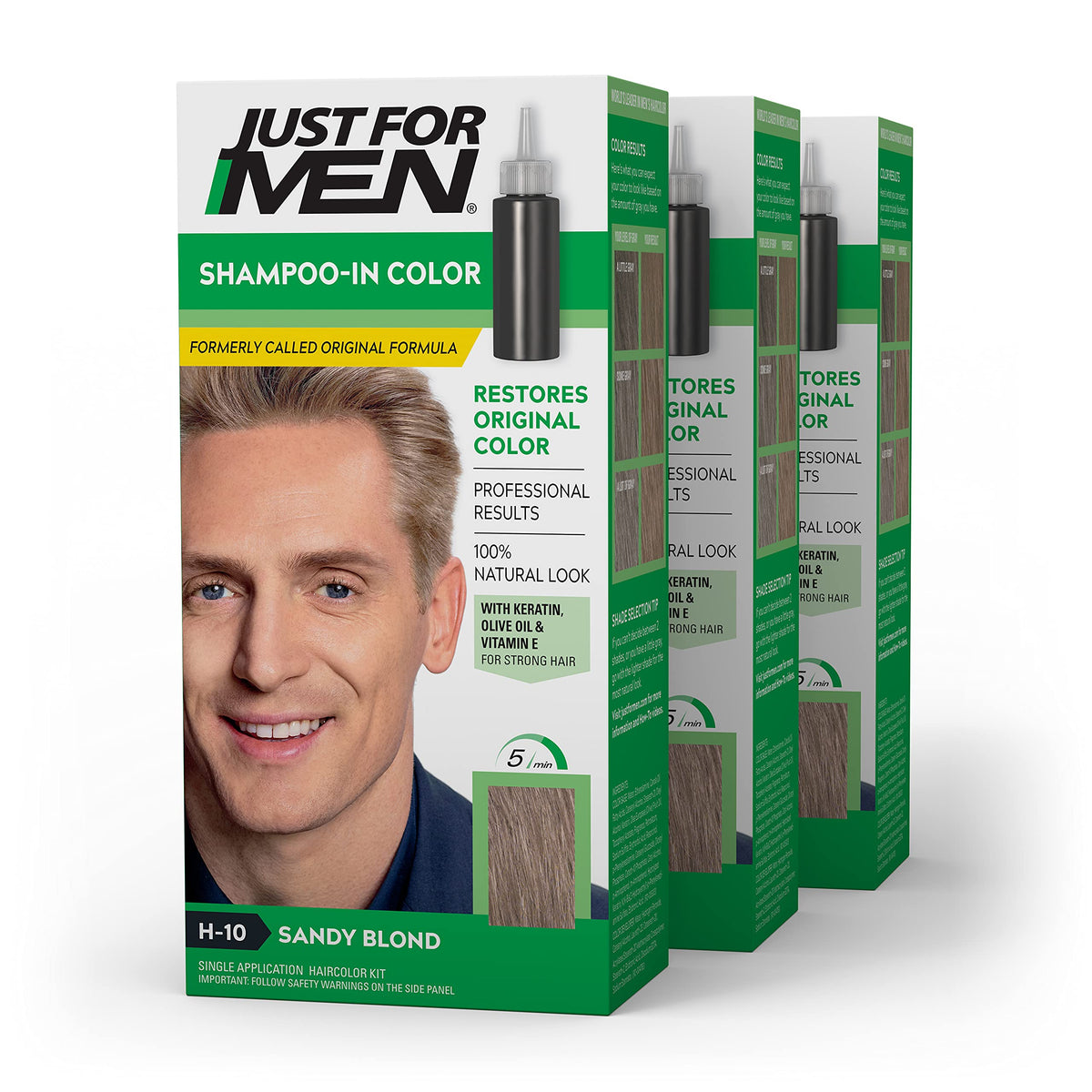 Just For Men Shampoo-In Color Sandy Blond packaging showing the 3-pack box set