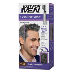 Just For Men Touch of Gray bottle close-up showing subtle gray blending.