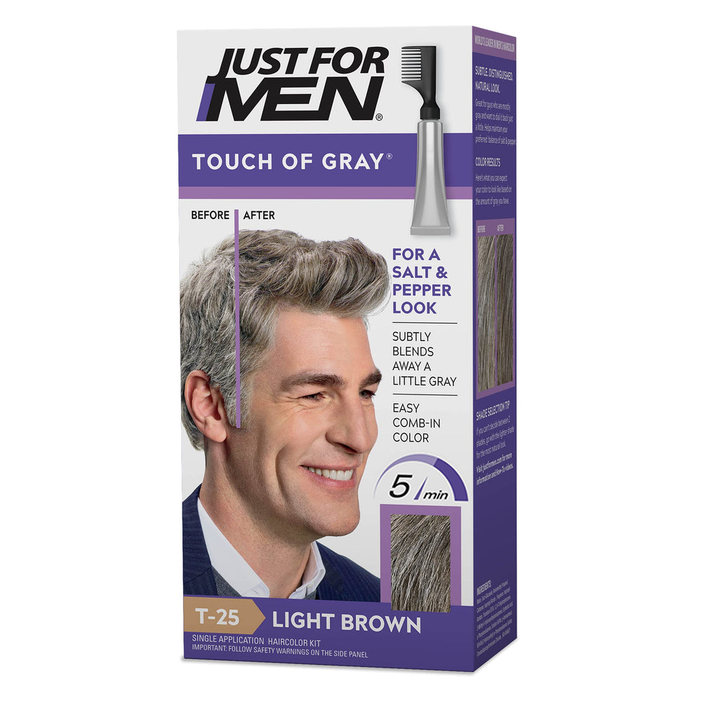 Just For Men Touch of Gray comb applicator applying color for a natural salt-and-pepper look.