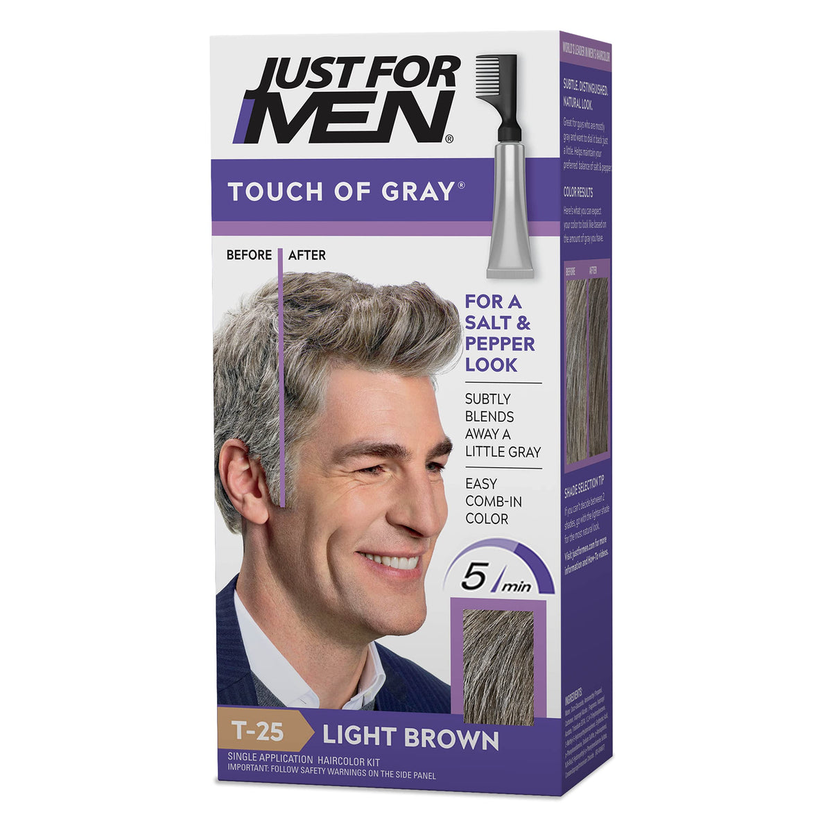Just For Men Touch of Gray comb applicator applying color for a natural salt-and-pepper look.