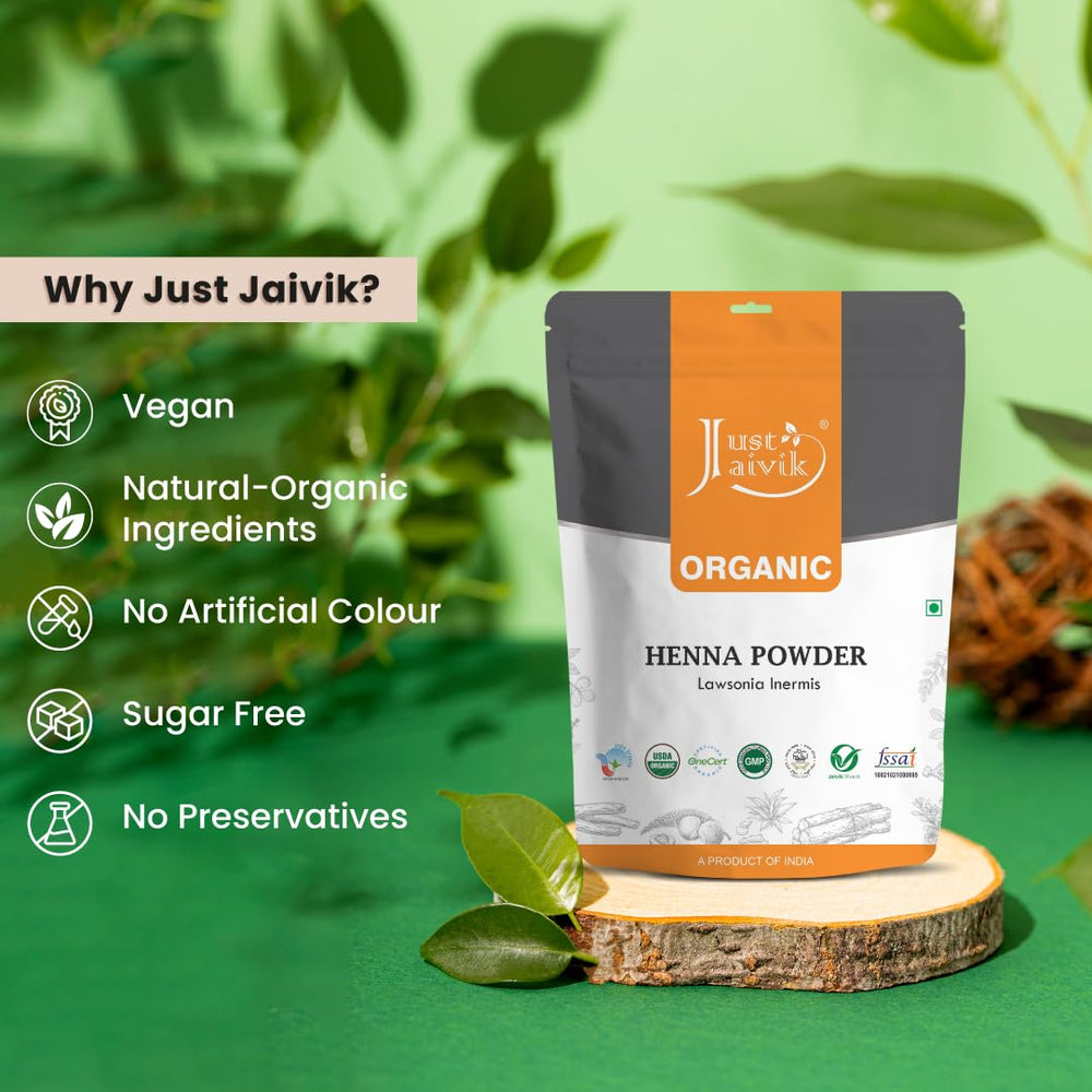 Just Jaivik Henna powder moisturizes hair leaving softness and manageability.