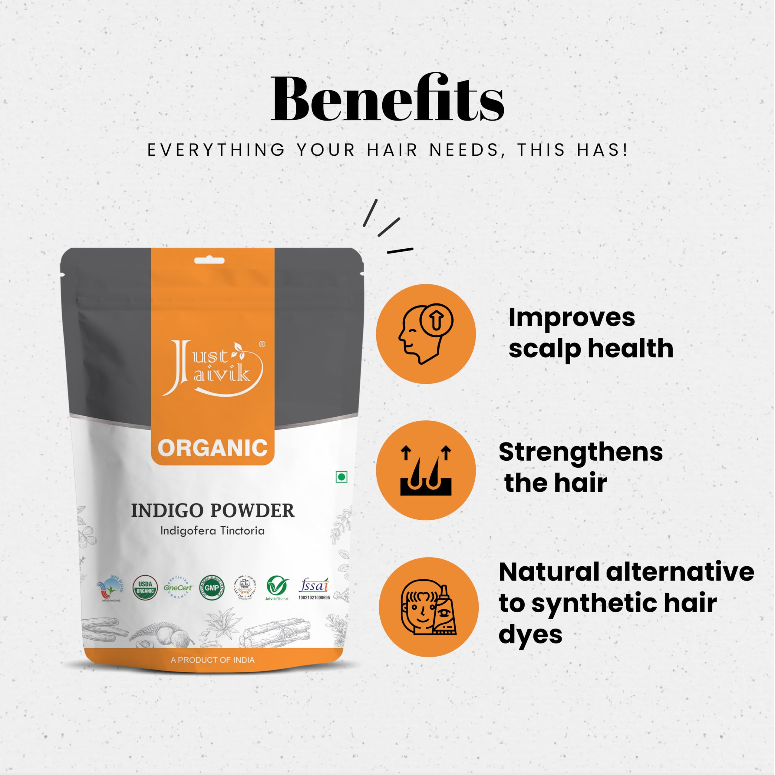 Just Jaivik indigo powder close-up shows rich color result