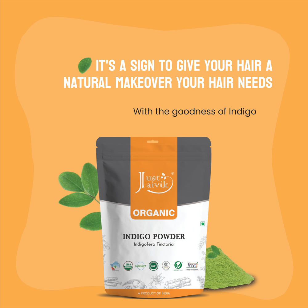 Just Jaivik indigo powder in aluminium foil pack preserves freshness