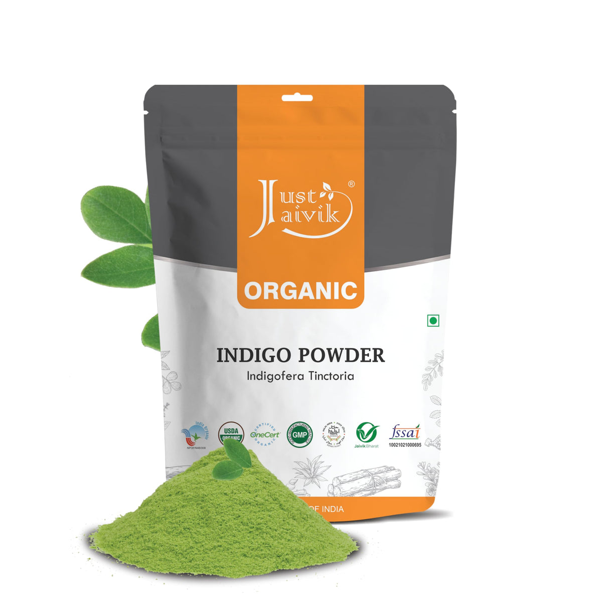 Just Jaivik indigo powder packaging preserves freshness