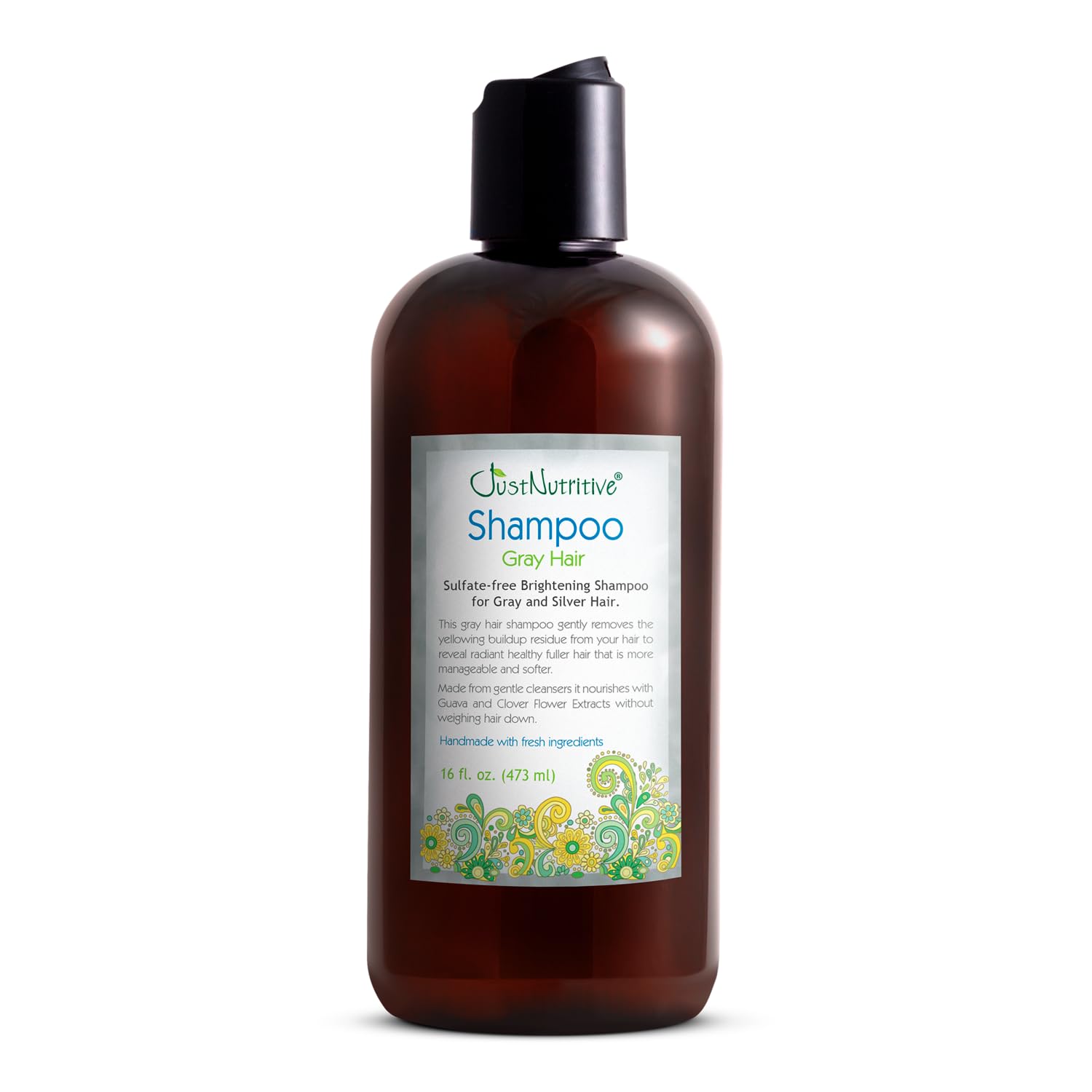 Just Nutritive Gray Hair Shampoo bottle showing color-safe cleansing for gray hair.
