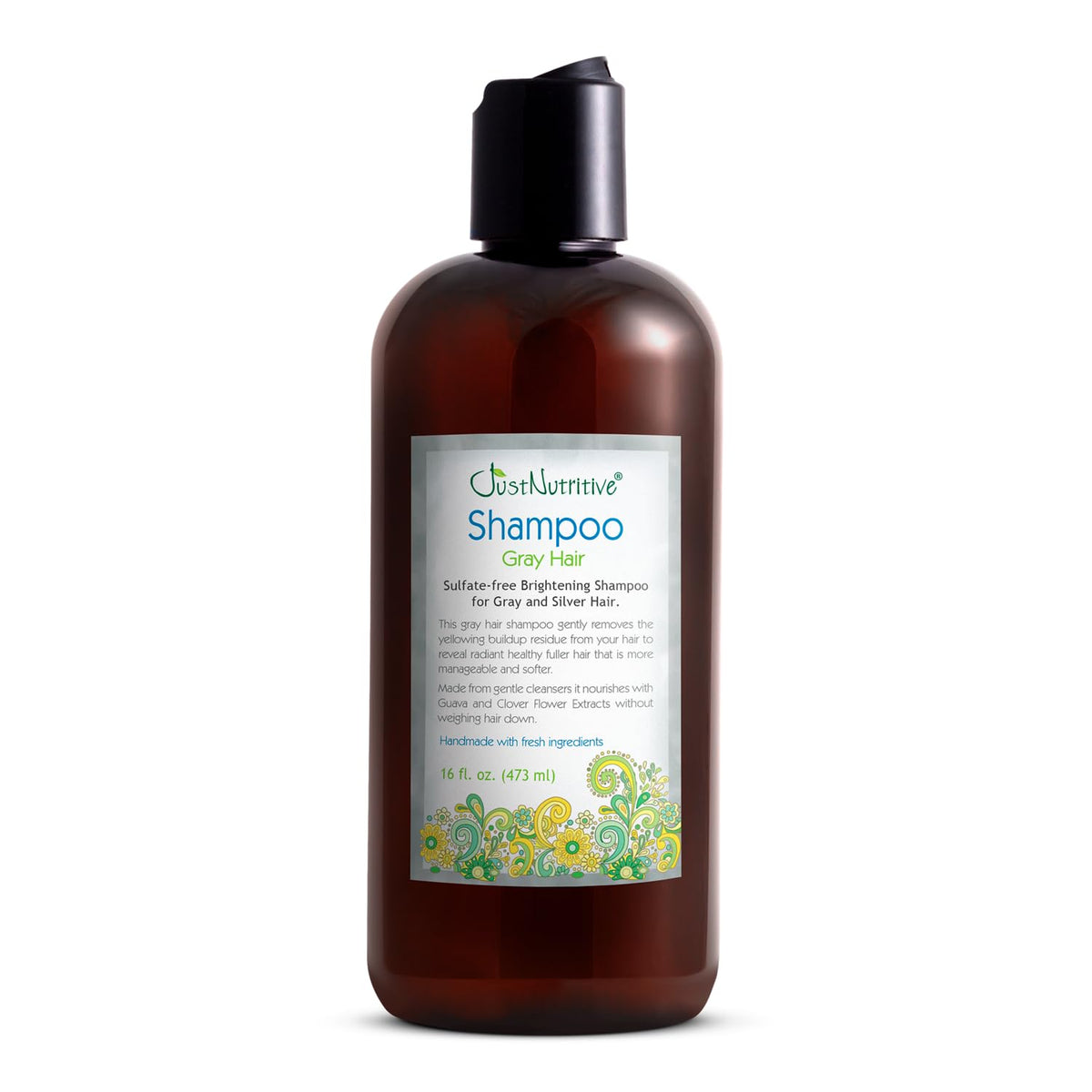 Just Nutritive Gray Hair Shampoo bottle showing color-safe cleansing for gray hair.