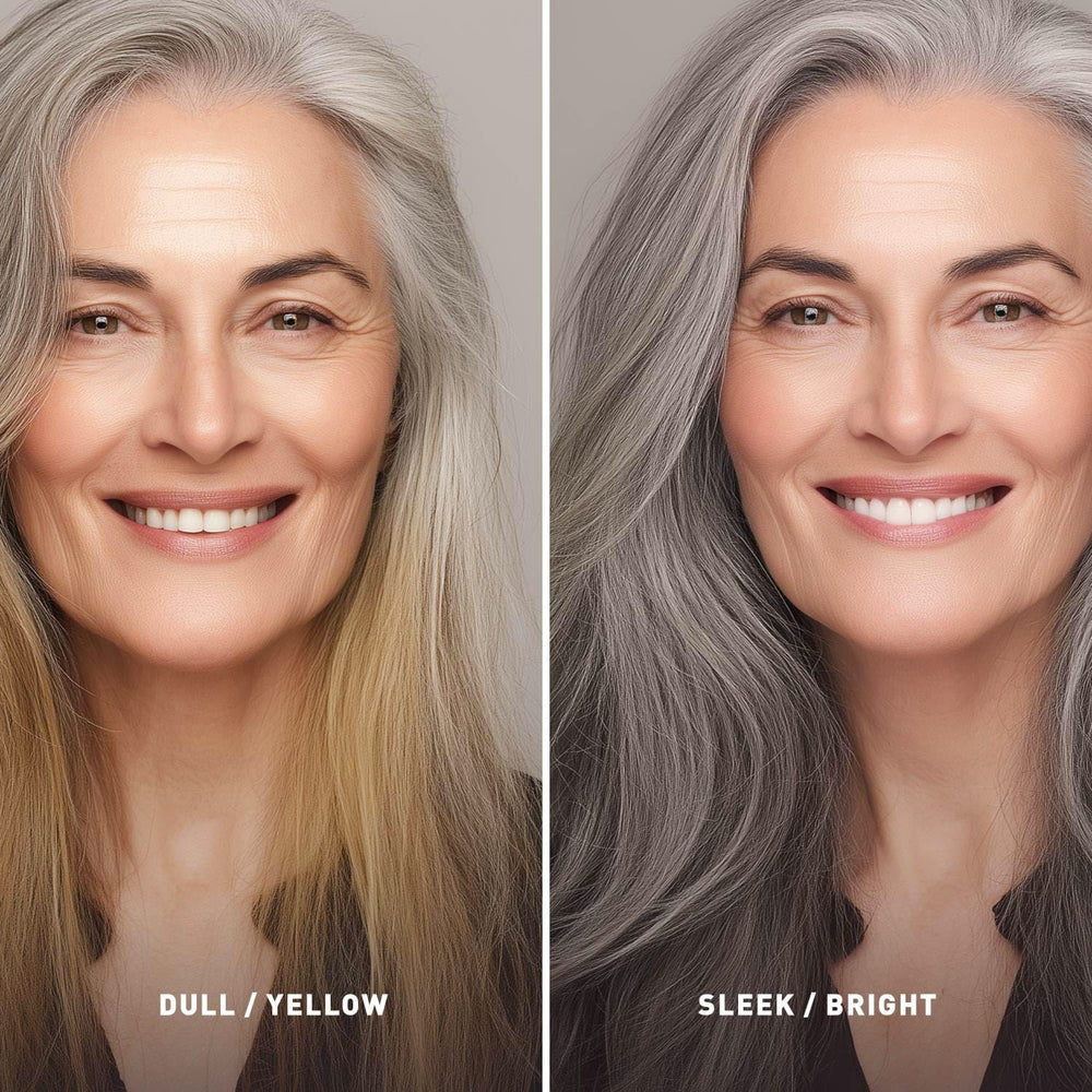 Just Nutritive Gray Hair Shampoo bottle with label highlighting brassy tone neutralization.