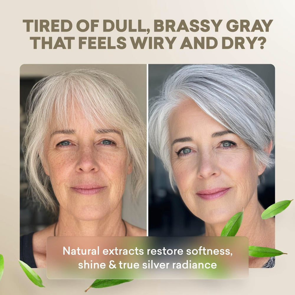 Just Nutritive Gray Hair Shampoo with clover flower and guava extracts for stronger hair.