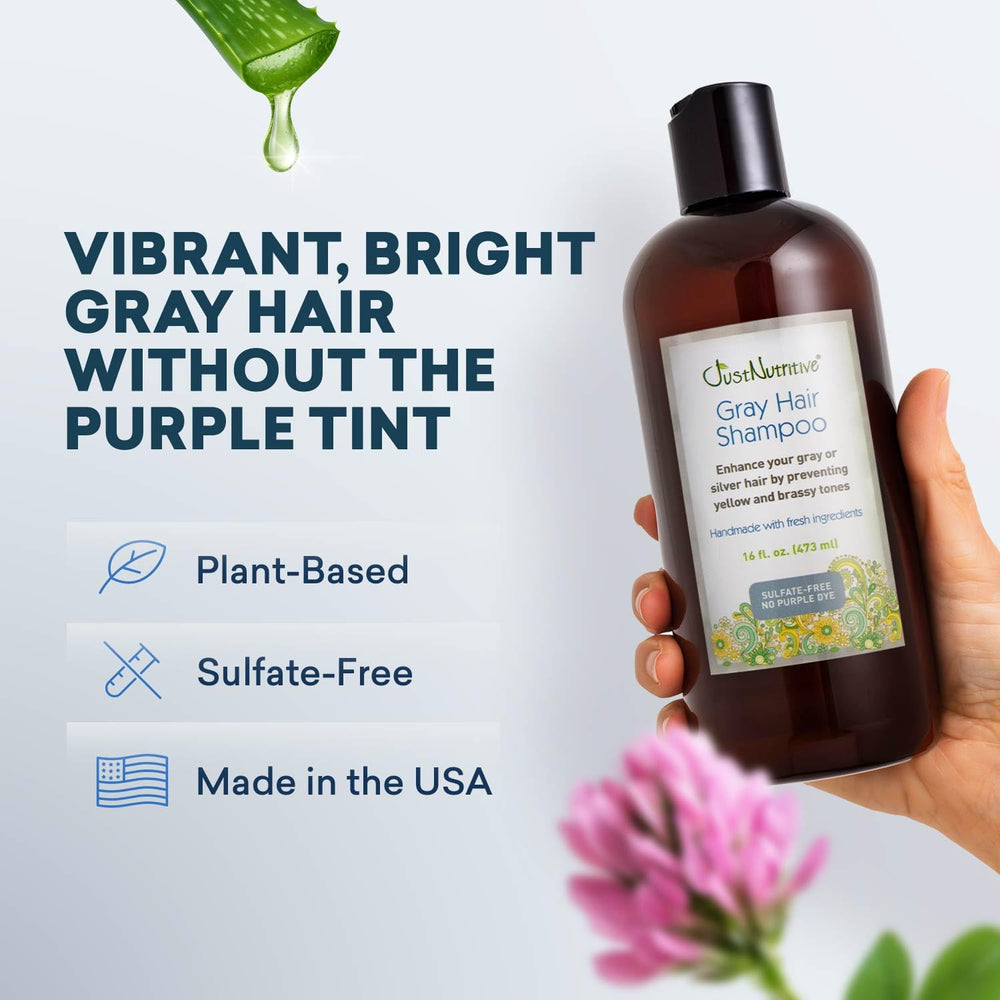 Just Nutritive Gray Hair Shampoo lather displaying brightening and smoothing benefits.