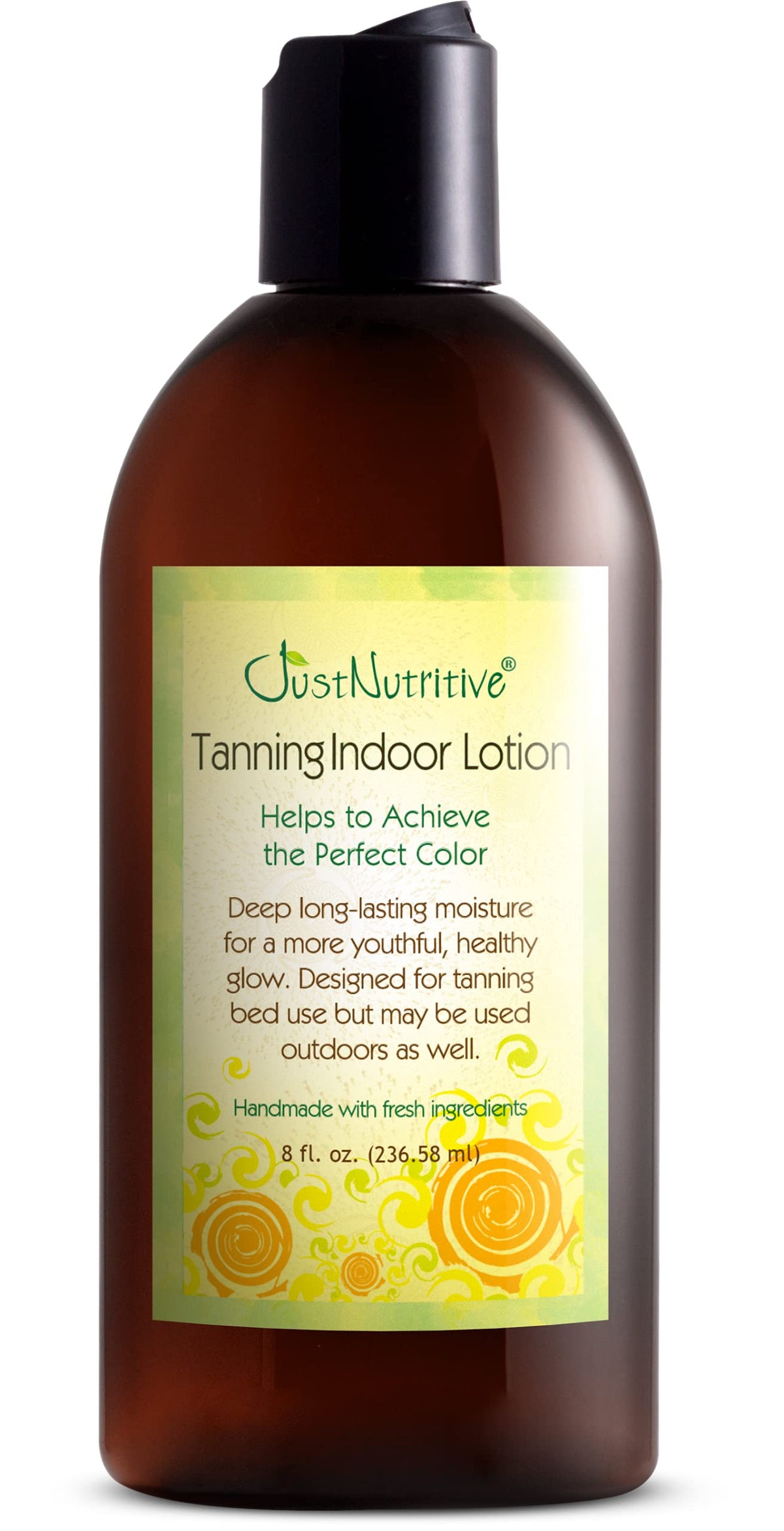 Just Nutritive Indoor Tanning Lotion bottle demonstrates a hydrating, non-bronzing formula for extended tan.