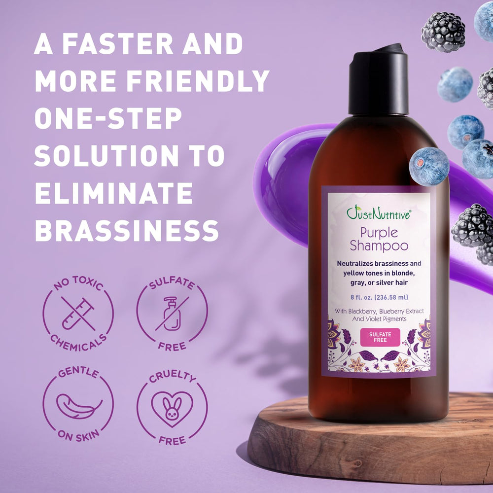 Anti-yellowing action on blonde hair from Just Nutritive Purple Shampoo.
