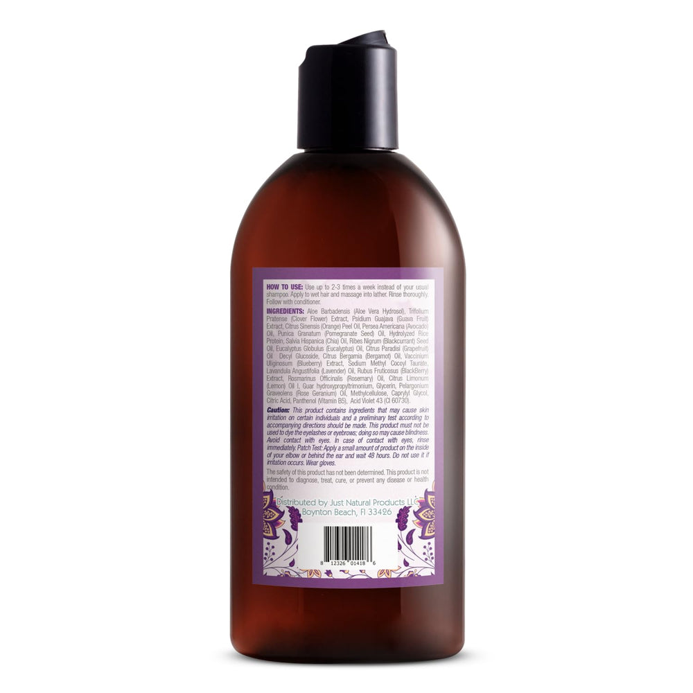 Just Nutritive Purple Shampoo bottle top view highlights violet toning for blonde and gray.