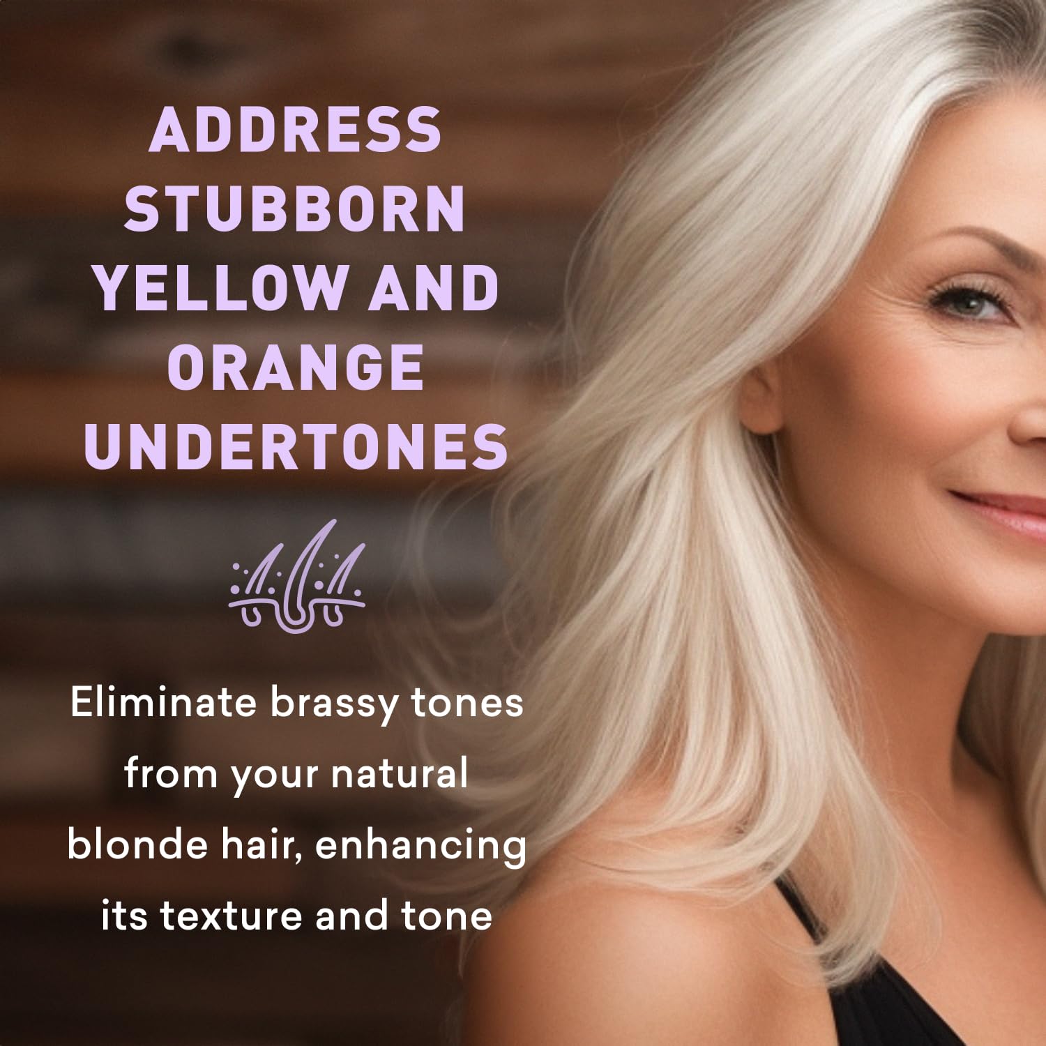 Gray hair toning with Just Nutritive Purple Shampoo in natural light.