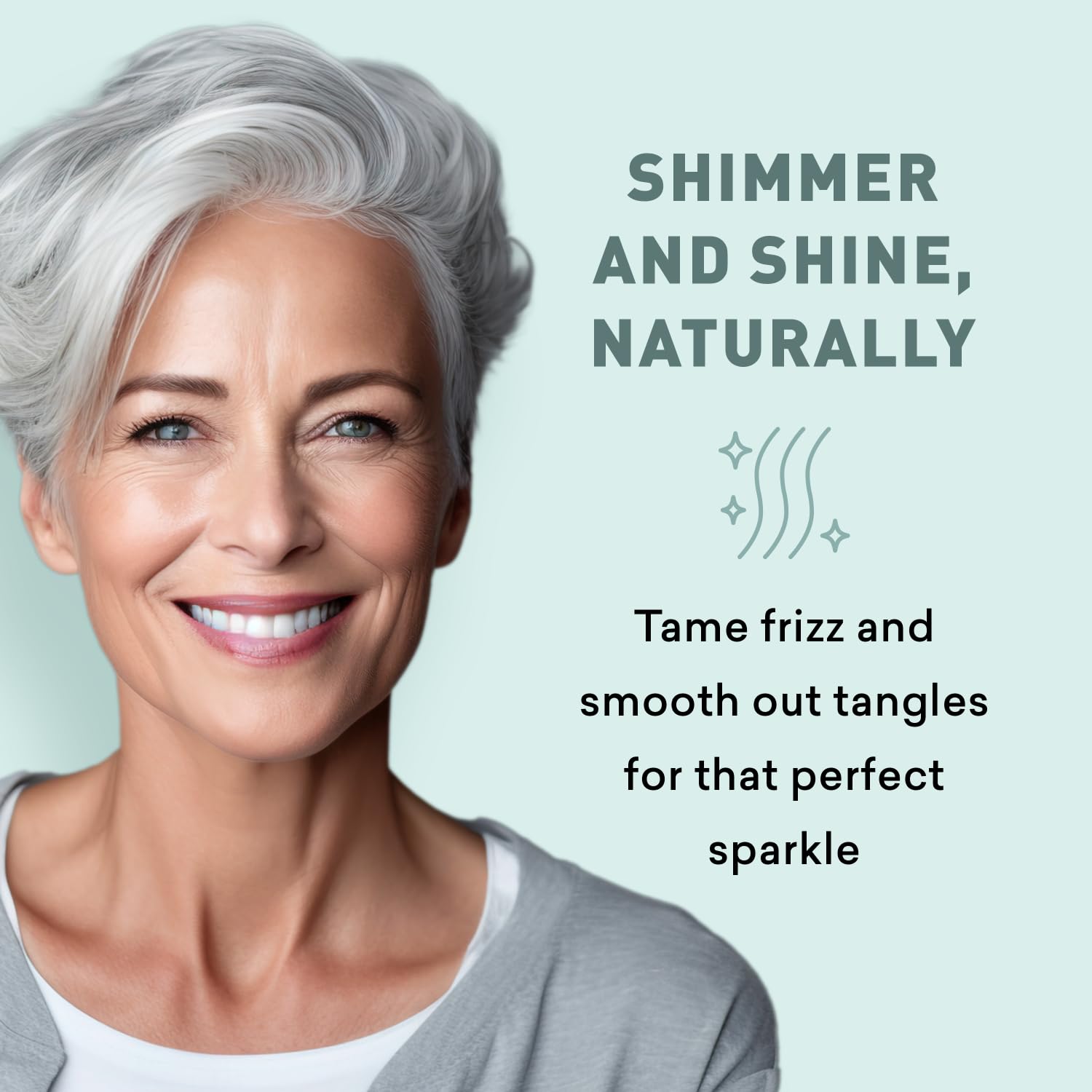 Just Nutritive gray hair conditioner in sunlight scene suggesting anti-yellowing protection.