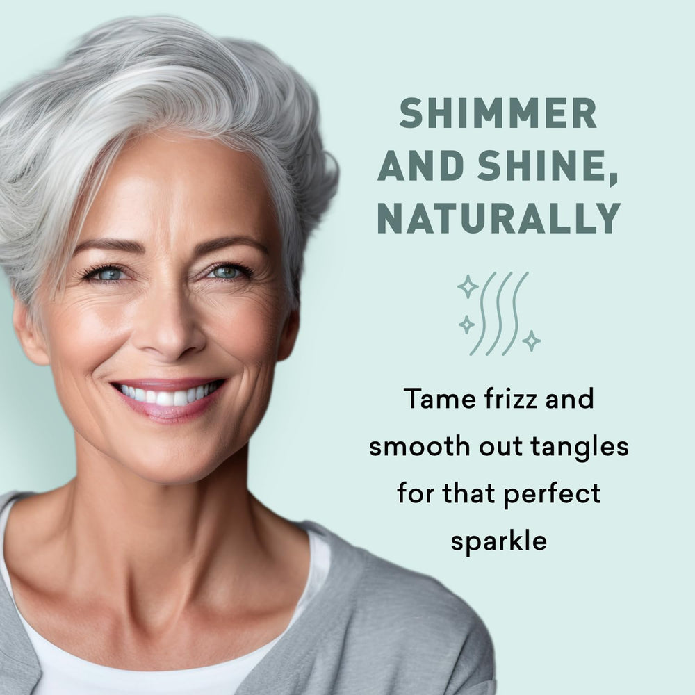 Just Nutritive gray hair conditioner in sunlight scene suggesting anti-yellowing protection.