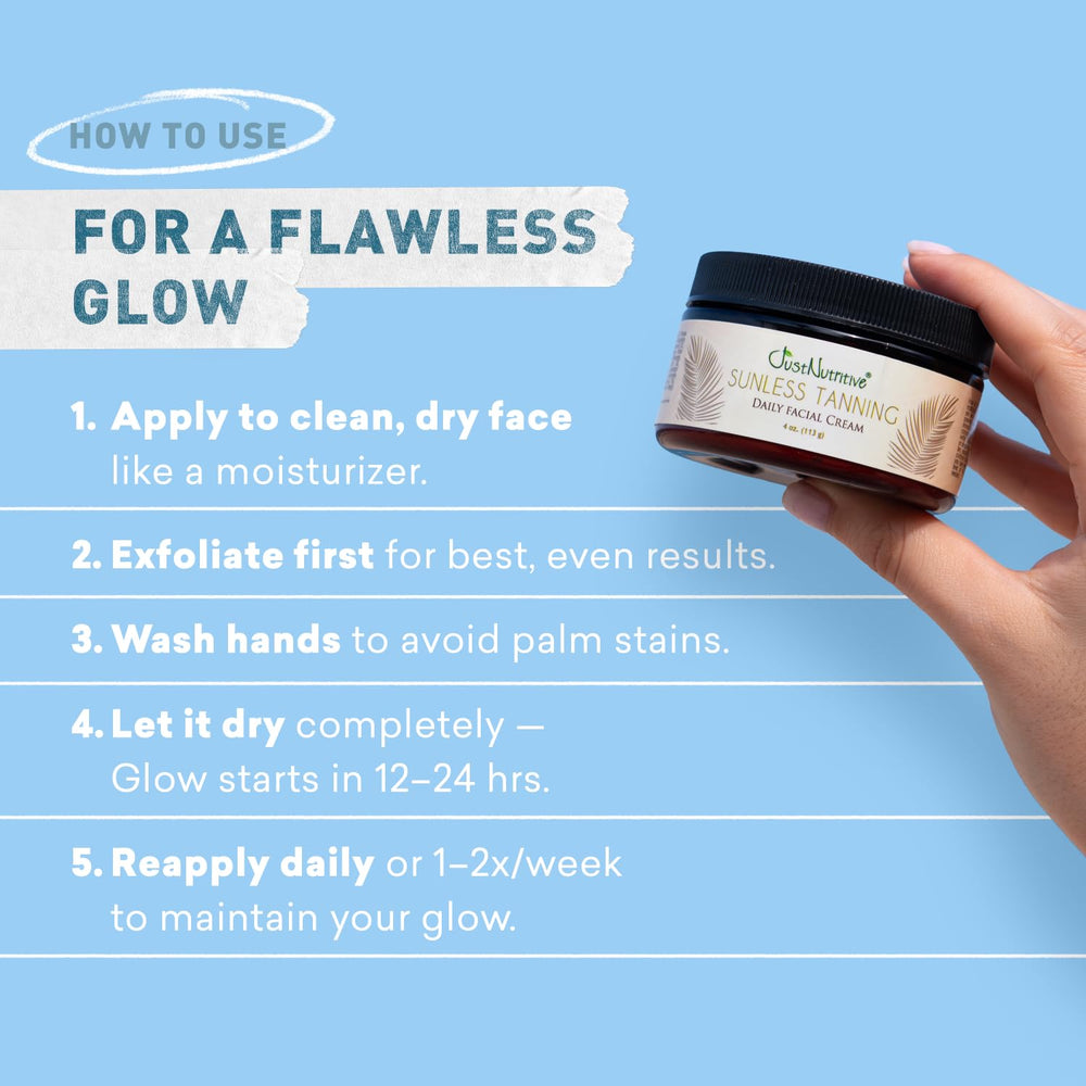 Just Nutritive sunless tanning daily facial cream made in USA with gentle daily hydration.