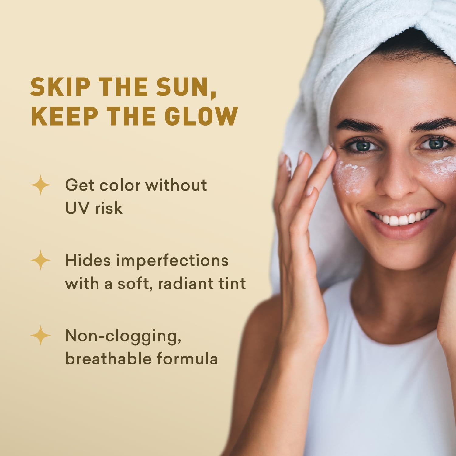 Just Nutritive sunless tanning daily facial cream on the face delivers natural, bronzed glow.